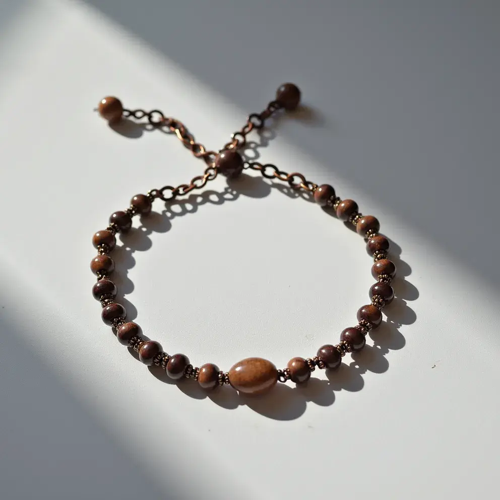 This ankle bracelet features an arrangement of polished round wooden beads in shades of brown, linked together with metal connectors that add a rustic charm to the piece. At the center, an oval-shaped gem with a smooth finish stands out among the smaller beads, likely a polished stone with a similar hue. The bracelet employs a chain-link extension ending in small beads for adjustable wear, secured with a bead-loop clasp that blends seamlessly into the overall design.