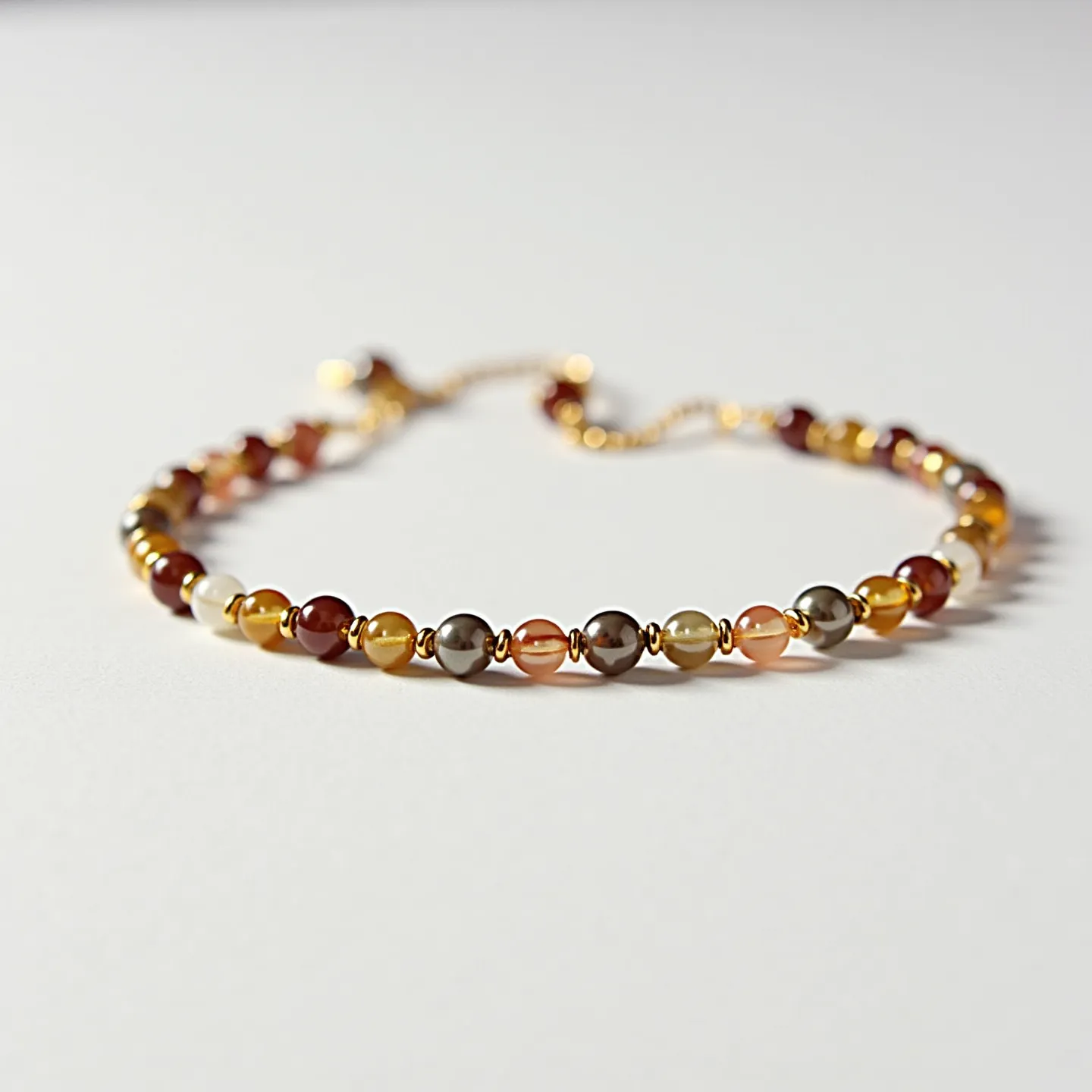 This baby bracelet features a delicate arrangement of small, round beads in various colors, possibly made of semi-precious stones such as amber, agate, or similar lustrous materials. Each bead is separated by tiny gold-colored spacers, enhancing the visual appeal and providing a touch of elegance. The bracelet includes a fine gold-colored chain and appears to have an adjustable clasp, allowing it to fit comfortably on a baby's wrist. The overall design is both charming and functional, suitable for a special keepsake or everyday wear.