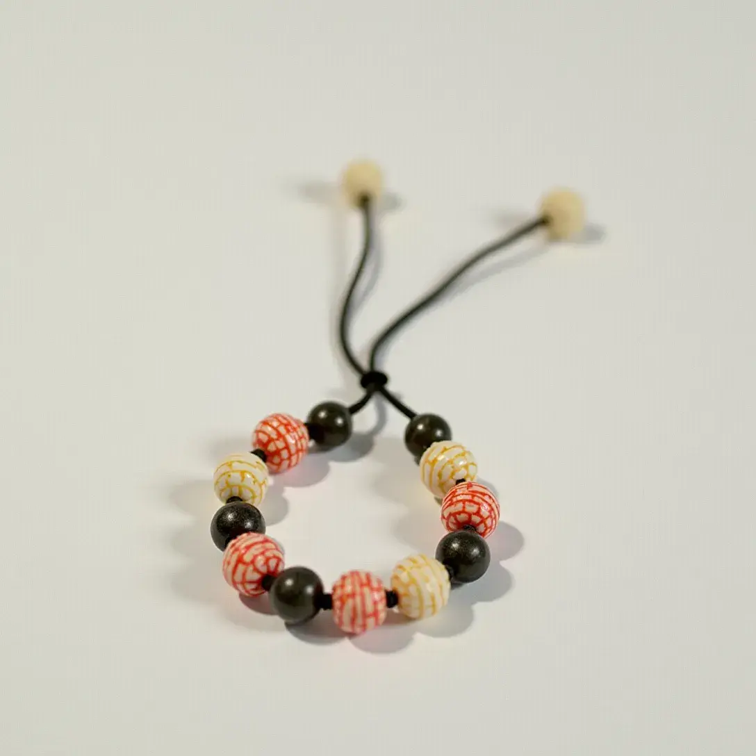 This baby bracelet features a charming combination of beads strung on a black cord. The beads consist of round, colorful materials that include patterned red and yellow beads with white lines, as well as solid, glossy black beads. The bracelet's beads are spherical in shape and are arranged in an alternating pattern. The bracelet is secured with a simple adjustable cord that ends in two larger, spherical beige beads, allowing for easy adjustment of size to fit comfortably around the baby's wrist. The design and material choices highlight a playful yet elegant aesthetic suitable for young children.