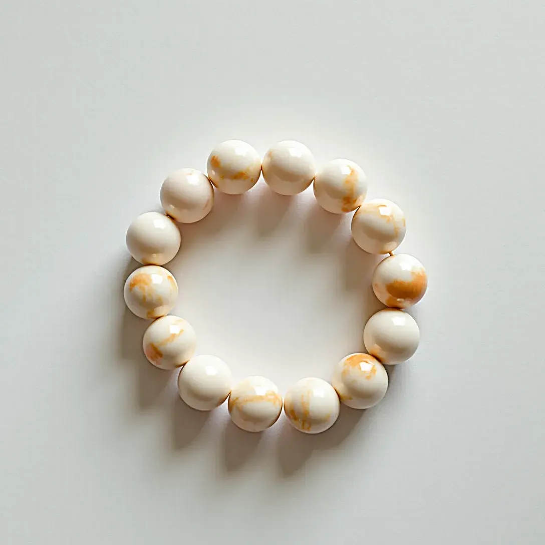 This baby bracelet features a series of smooth, round beads which appear to be made from a polished material, possibly natural stone or resin. Each bead is predominantly white with subtle, marbled patterns of light tan or beige, contributing to a gentle and elegant appearance. The bracelet does not display any visible clasps or attachments, suggesting it is likely strung together on an elastic cord, allowing for easy wearing and removal. The simplicity in design makes it suitable for a child, providing both comfort and a touch of style.