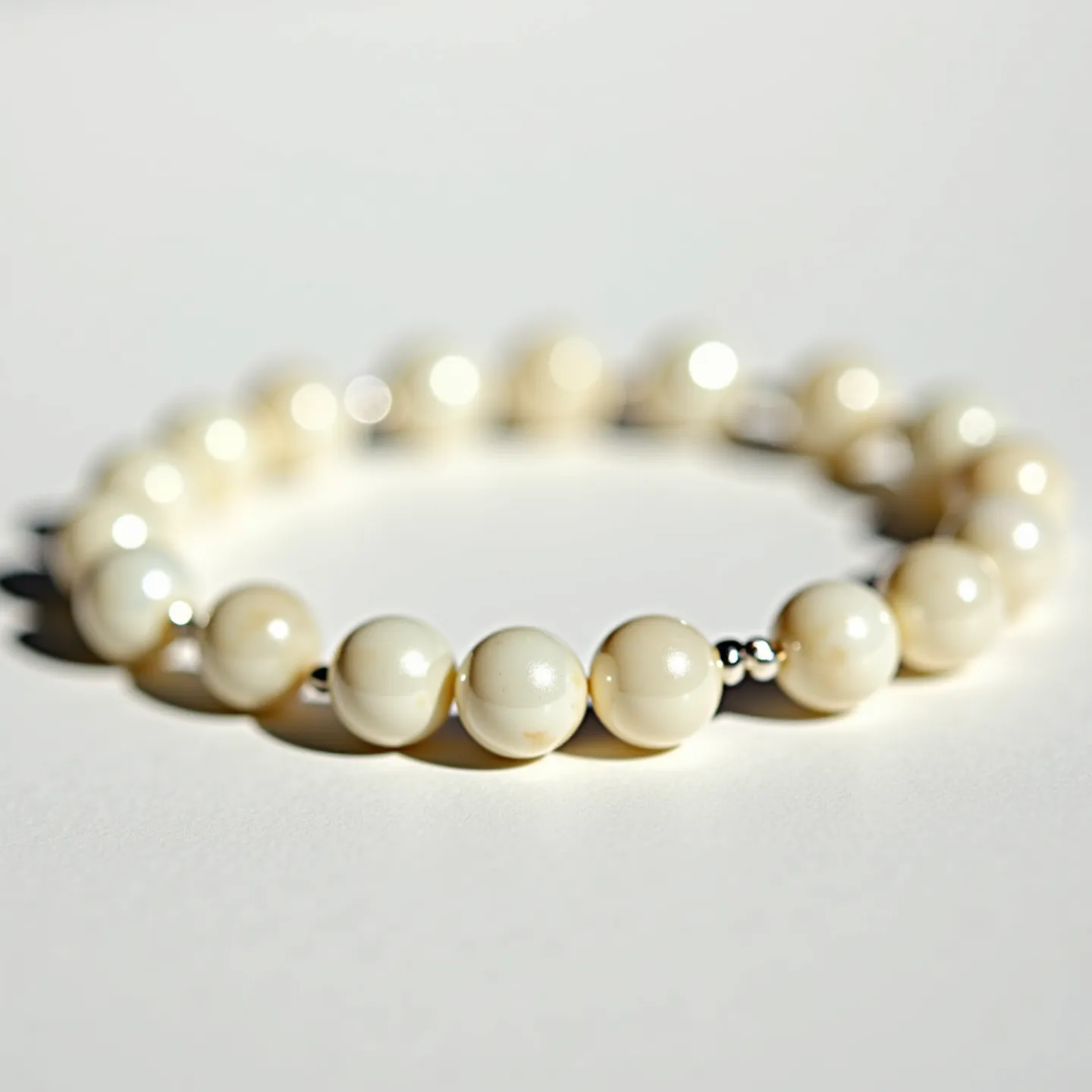 This baby bracelet features a string of round, cream-colored beads, likely made of plastic or acrylic, arranged in a continuous loop. The bracelet showcases a smooth, shiny surface that reflects light, giving it an appealing luster. It appears to be made without a traditional clasp or attachment, instead relying on a stretchable elastic thread to fit comfortably around a baby's wrist. The minimalist design and soft color make it a subtle and delicate accessory for infants.