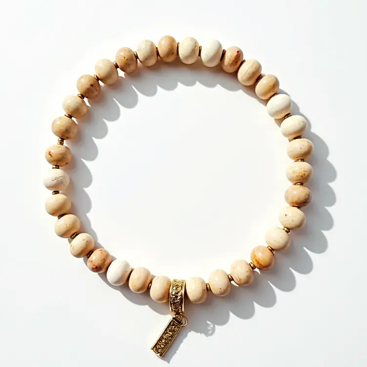 This beaded bracelet features a series of round, polished beige beads, possibly crafted from natural stones or wood, which are evenly spaced and strung together. The beads are interspersed with small, gold-colored spacer beads that add an elegant touch to the overall design. A decorative gold-tone charm with intricate patterns is attached to the bracelet, serving as a focal point. The bracelet appears to be elastic, as there is no visible clasp.