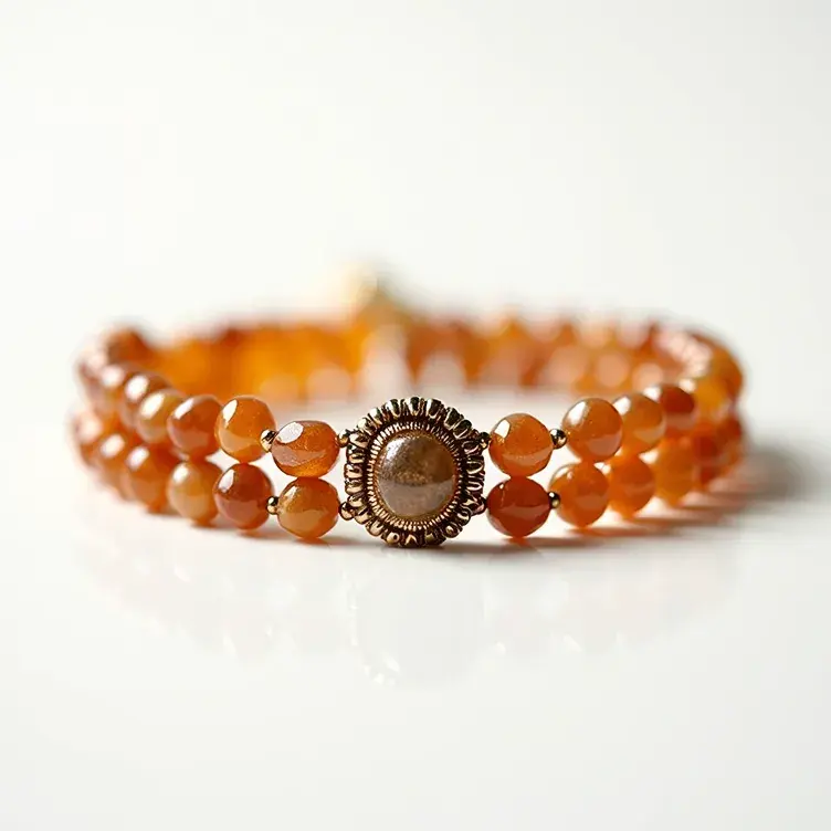 This beaded bracelet features a double strand of faceted, round beads that have a rich, reddish-orange hue, likely made from carnelian or a similar semi-precious stone. The stones are carefully arranged and strung together, interspersed with small metallic spacer beads. At the center of the bracelet is an ornamental focal piece, a circular stone surrounded by intricate metallic detailing, set in a bezel style. The bracelet is designed with an elegant, timeless look, blending natural stone elements with finely crafted metalwork for a sophisticated accessory.