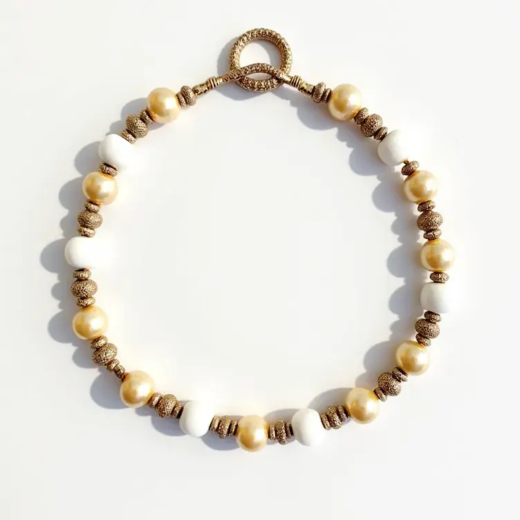 This beaded bracelet features a pattern of alternating round beads and uniquely shaped beads, primarily composed of lustrous pearl-like golden beads and smooth, white beads. Interspaced between each pair of large beads are smaller, textured metallic gold beads, adding a touch of intricacy and elegance to the design. The bracelet is finished with a round, textured metallic clasp that complements the smaller gold accents, ensuring a secure and stylish closure. The harmonious combination of gold and white creates a sophisticated and versatile accessory suitable for various occasions.