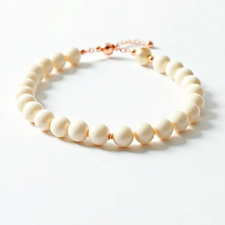 This beaded bracelet features a series of uniformly spherical white beads strung together on a wire or string. The beads appear to be made of a smooth material with a consistent texture, possibly crafted from synthetic or natural sources. The bracelet is secured with a metal clasp, which includes an adjustable chain and a small lobster clasp for fastening, ensuring a variable fit. The clasp and chain exhibit a metallic finish, adding a contrasting hue that complements the simplicity and elegance of the bracelet's overall design.