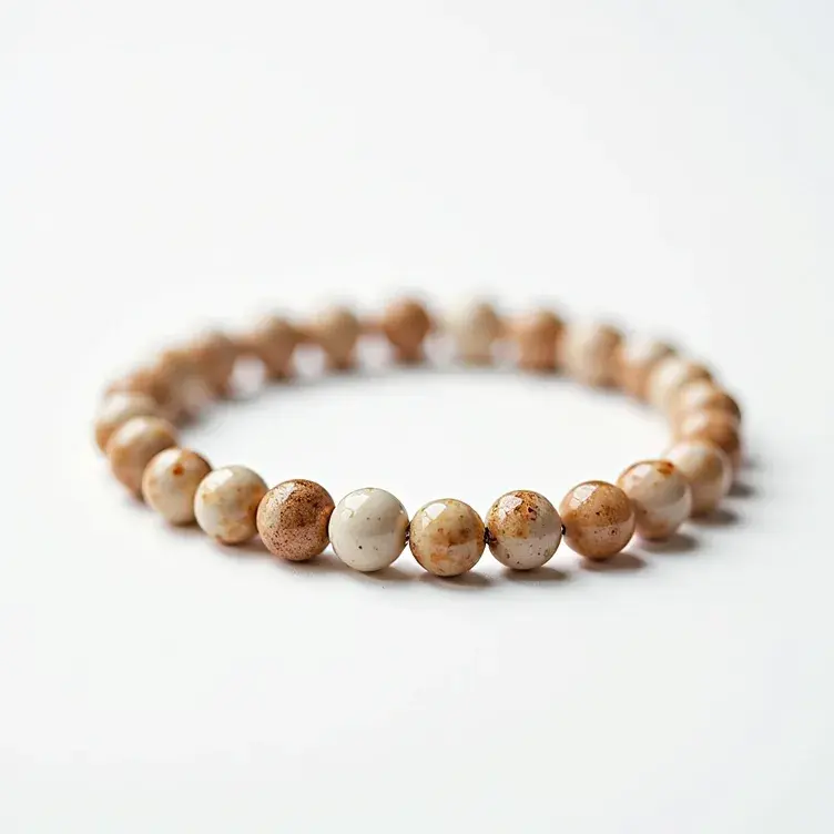 This beaded bracelet features an array of polished spherical stones, primarily in shades of beige and brown with some natural variations in texture and color. The beads appear to be made of a natural stone material, likely resembling jasper or agate due to the earthy, mottled appearance. The bracelet is strung on an elastic cord, allowing for a stretchable fit without the need for a clasp or traditional attachment mechanisms. The uniformity in bead size and arrangement highlights a simple yet elegant design, perfect for casual or semi-formal wear.