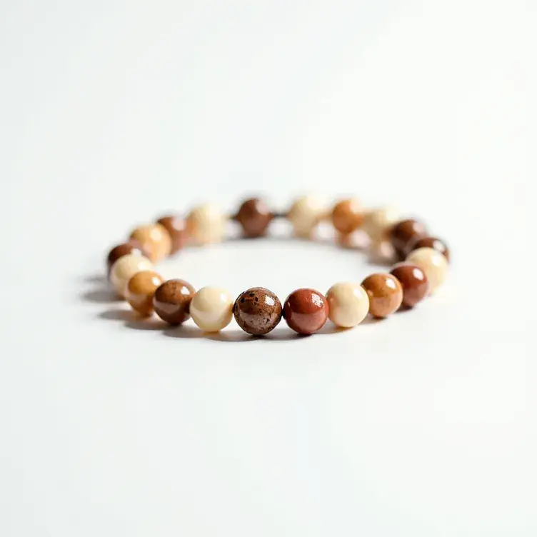 This beaded bracelet showcases a harmonious arrangement of smooth, polished round beads in a variety of natural earth tones, including shades of beige, brown, and cream. The beads appear to be made from different types of gemstones or minerals, each possessing distinct patterns and marbling, giving the piece an organic, rustic appeal. Carefully strung together, the beads form a complete circle without any visible clasps, suggesting the use of an elastic or stretchable thread for easy wear. The color palette and well-rounded shape of the beads contribute to a balanced and natural aesthetic, making the bracelet both versatile and visually appealing.