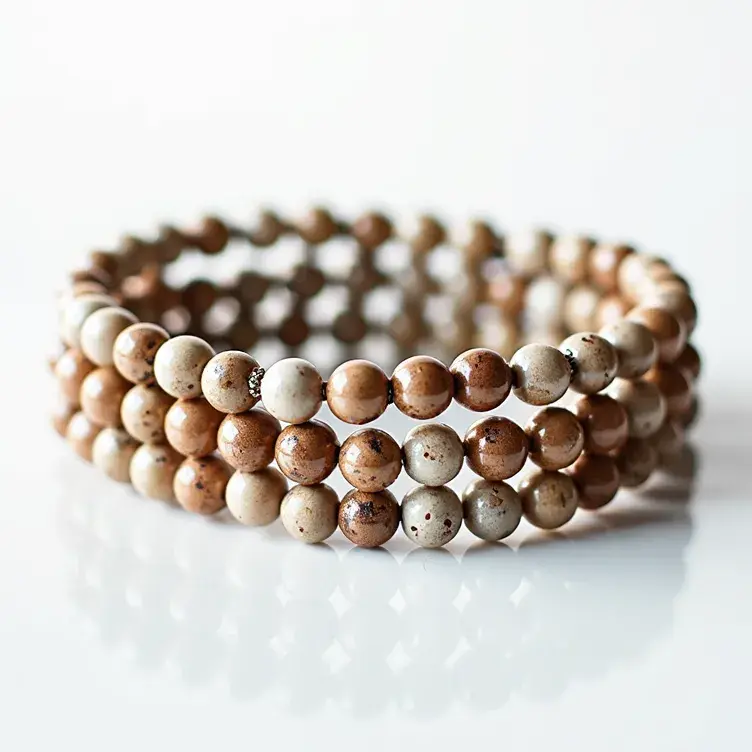 This beaded bracelet features natural stone beads in varying shades of earthy browns and beige, arranged in three strands. The round beads are polished, enhancing their smooth texture and natural patterns. Interspersed among the stone beads are a few small, metallic spacer beads that add a subtle contrast and decorative element to the design. The bracelet appears to be strung on a stretchable material, allowing it to fit various wrist sizes comfortably without needing a clasp or attachment. The combination of natural stones and metallic accents gives the bracelet a rustic yet elegant appeal.