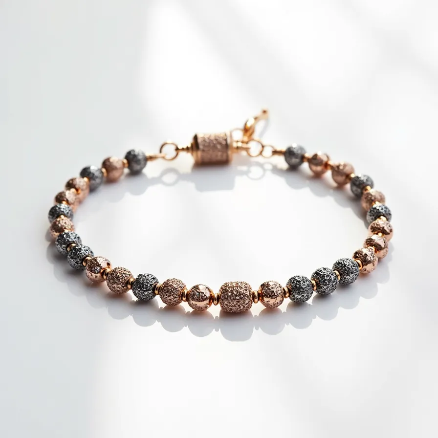 This charm bracelet features an alternating pattern of polished rose gold and sparkling gray beads, creating a striking visual contrast. The beads appear to be crafted from metals and are interspersed with rose gold spacers. Some of the rose gold beads showcase a textured, glittering finish that adds depth and intricacy to the design. The bracelet is secured with a cylindrical magnetic clasp that matches the rose gold theme, providing a seamless and stylish closure.