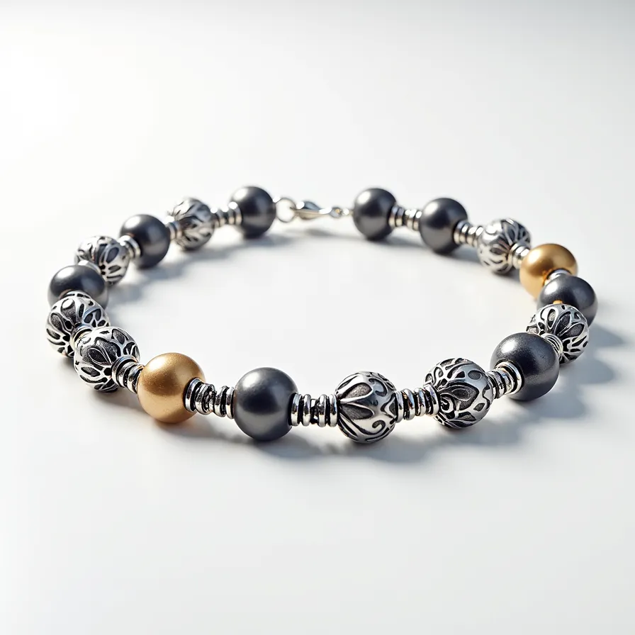 This charm bracelet features an elegant design composed primarily of beads made from a mix of metallic shades. The beads alternate between smooth, matte gunmetal grey and intricately detailed silver orbs with a filigree pattern. Interspersed among these beads are occasional gold-colored spheres, adding a touch of warmth to the overall aesthetic. The materials appear to be high-quality metals, with silver and gold tones being predominant. The bracelet is secured with a lobster claw clasp, ensuring it stays affixed comfortably and securely on the wrist.