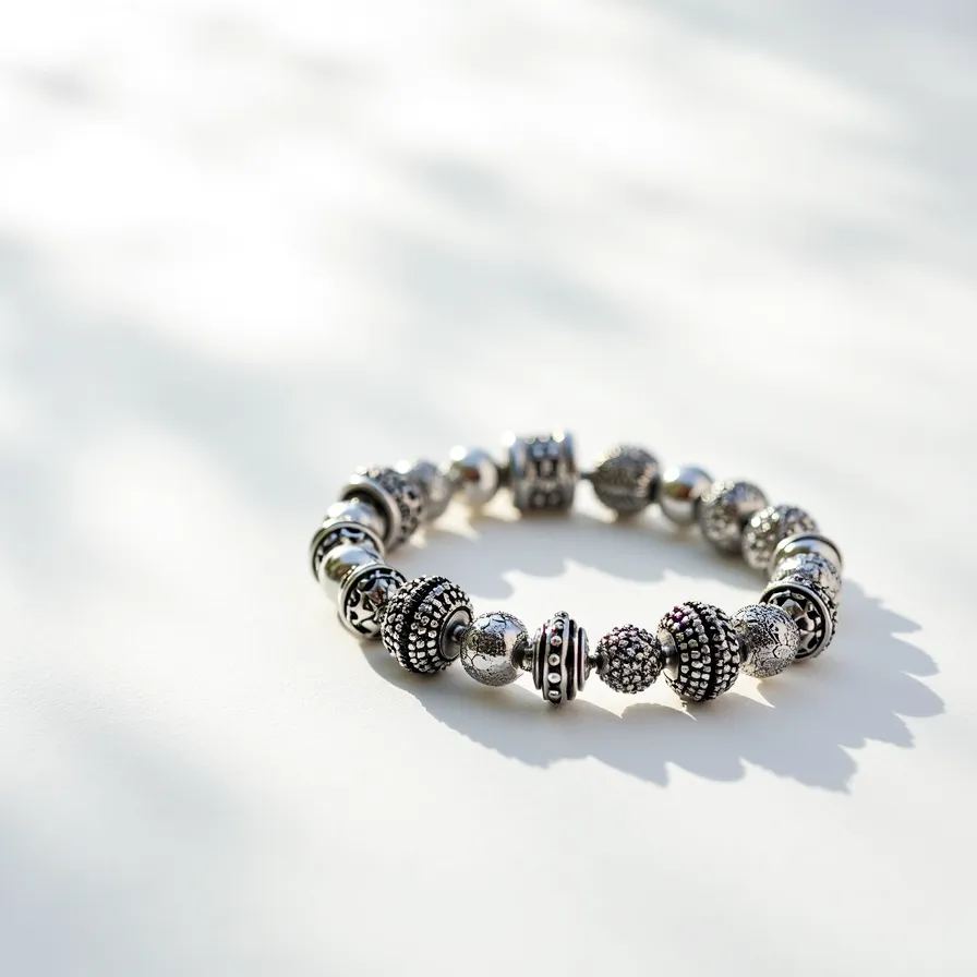 This charm bracelet features an array of intricately designed beads predominantly made of silver-toned metal. Among these decorative elements, there are spherical beads adorned with small, textured embellishments, and others with openwork patterns. Several beads seem to incorporate small, glistening gemstones set in a pavé style, adding a touch of sparkle. The beads are arranged along a flexible band, allowing for easy wear. This charm bracelet does not appear to have any visible clasp, suggesting it is a stretch bracelet that can be slipped on and off the wrist.