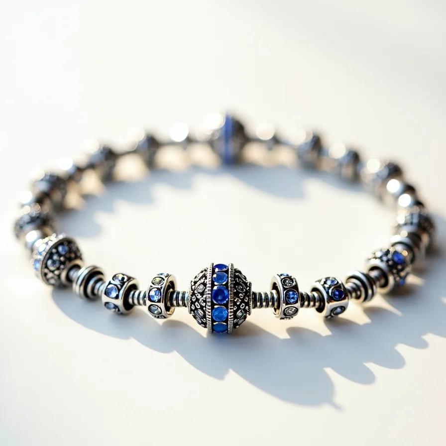 This charm bracelet features a series of intricately designed beads made from polished metal, each embellished with what appear to be blue and clear gemstones set into the surface. The blue gems are smooth and round, and the settings are evenly spaced across the larger beads. Smaller clear stones are set in other beads, providing a sparkling contrast. The bracelet includes a detailed, decorative central bead with a larger presence and more densely spaced blue stones. The attachment mechanism appears to be a coiled metal wire, allowing for ease of adding or removing charms.