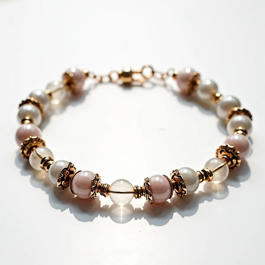 This charm bracelet features an elegant design comprised of alternating beads made of various materials. The beads appear to be a combination of polished rose quartz and clear quartz, each spherical in shape, with a smooth and reflective finish. The settings between the beads are ornate, crafted from a gold-toned metal and designed with intricate detailing that adds a touch of sophistication. The bracelet is secured with a gold-toned clasp, ensuring it stays in place when worn. Each element of the bracelet, from the stones to the settings and clasp, contributes to its overall refined and stylish appearance.