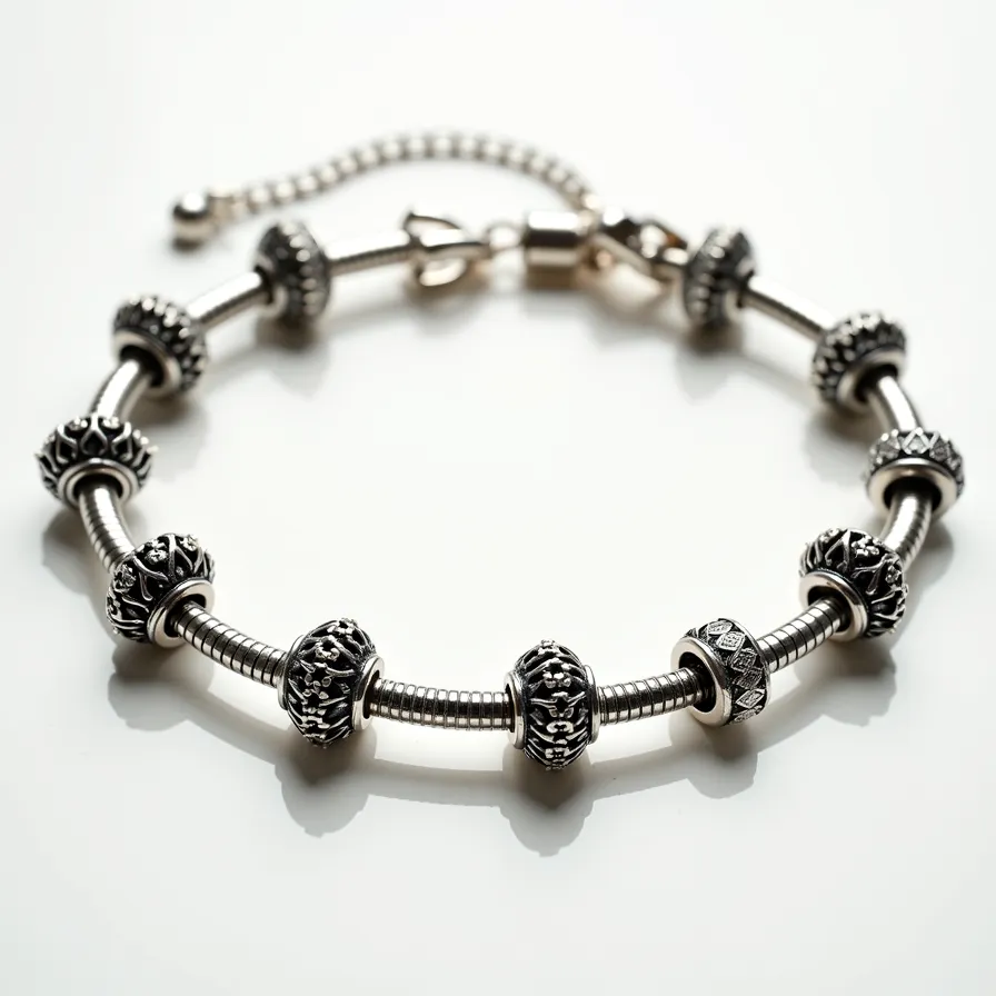 This charm bracelet is composed of a series of intricately designed silver beads that stand out against the woven metal bracelet. Each charm features detailed patterns, with some incorporating floral or filigree designs, enhancing the bracelet's ornate appearance. There are no visible stones or gems on the bracelet, and the metal is likely a sterling silver or similar alloy. The clasp is a secure, lobster-style clasp, ensuring that the bracelet stays fastened when worn. The overall design of the bracelet exudes a classic and elegant aesthetic.