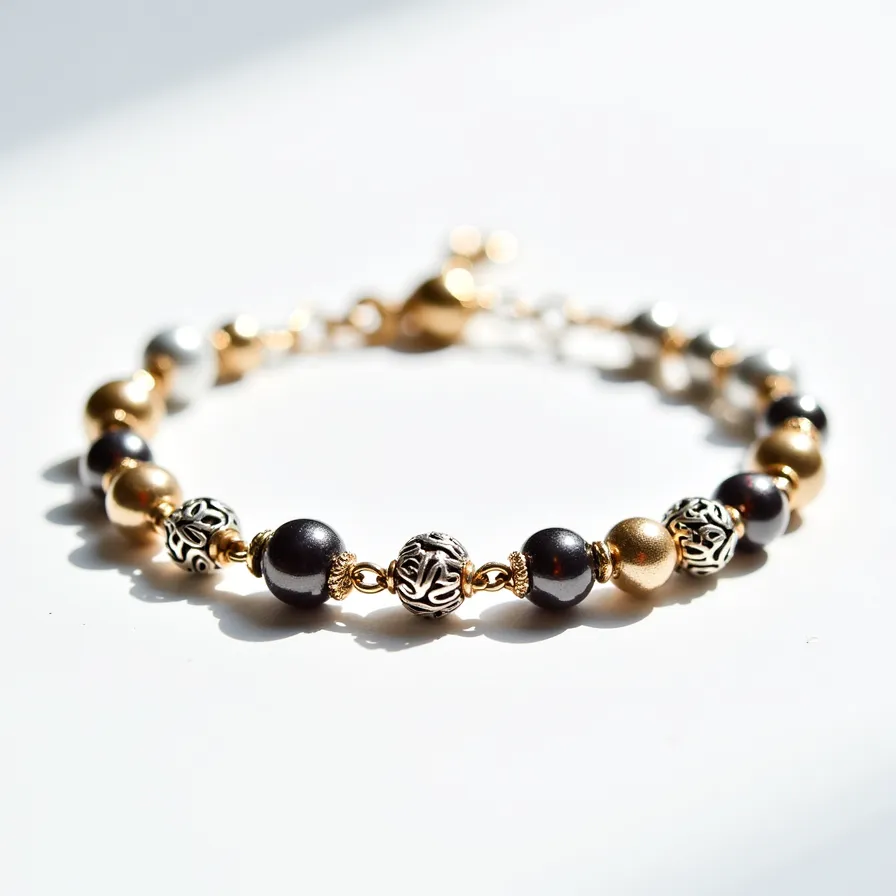 This charm bracelet features a combination of metallic and bead elements. The bracelet includes various beads, with a mix of matte gold, dark metallic, and silver-toned orbs. Interspersed among these beads are intricately designed hollow metal charms that have an elaborate, filigree-style pattern, adding a touch of elegance. The beads are connected with gold-toned links, creating a balanced and coordinated design. The bracelet is finished with a gold-toned clasp that ensures a secure fit, making it both stylish and functional.