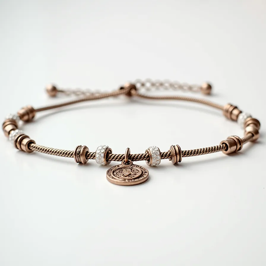 This charm bracelet features a sleek and elegant design crafted from a metallic material, likely rose gold or a similar alloy. It includes intricately detailed charms and spacers, with a prominent round medallion charm bearing a distinct engraving, dangling at the center of the bracelet. The bracelet also boasts several beads encrusted with small, sparkling clear stones, possibly cubic zirconia, which are evenly spaced along the twisted metal wire. The clasp is an adjustable sliding type, adorned with small, polished metallic beads at the ends to secure the bracelet comfortably around the wrist.