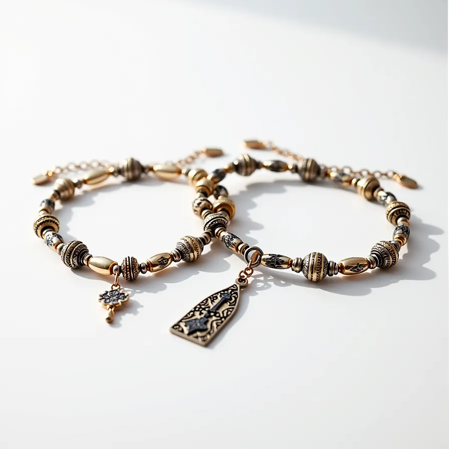 This charm bracelet features an intricate design composed of various metallic beads and charms, with a predominantly antique gold and silver finish. The charms include a small key and a detailed rectangular pendant, both adorned with elaborate patterns. The bracelet incorporates a variety of bead shapes, such as cylindrical, round, and oval, each showcasing engraved or embossed details that add to the ornate aesthetic. It appears to have a lobster clasp mechanism for secure attachment, accompanied by an adjustable chain link for size versatility.
