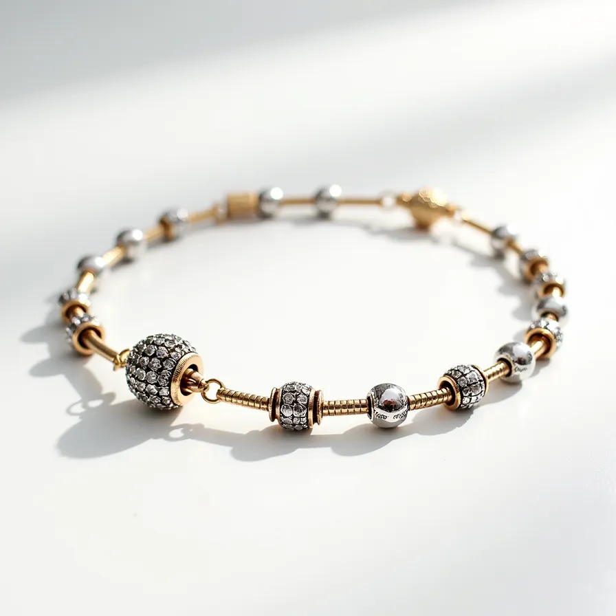 This charm bracelet features a combination of gold and silver-toned metals, creating an elegant contrast. It includes multiple spherical charms, some intricately embellished with clear, faceted gemstones arranged in a pavé setting, contributing to its sparkle. The bracelet is segmented with alternating metallic beads and sections, adding visual interest. It is designed with a secure barrel clasp, ensuring it stays fastened when worn. The meticulous craftsmanship and diverse materials make this bracelet a captivating accessory.