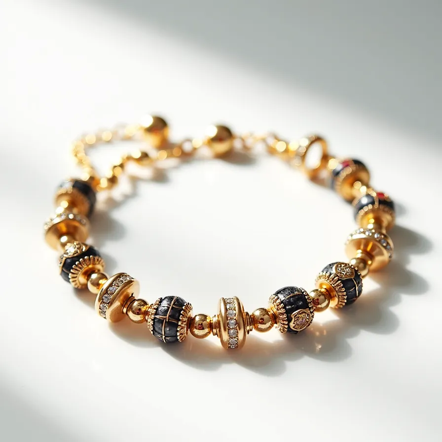 This charm bracelet features a series of intricately designed beads, primarily composed of a gold-tone metal that provides a luxurious appearance. The beads are a mix of smooth and ribbed textures, with some adorned in a rich black enamel-like material and others encrusted with small, round-cut clear stones set in a pave style. The bracelet includes ornamental details such as gold-toned floral motifs and round spacers with detailed craftsmanship. It is fastened with a lobster clasp, ensuring secure wear and an adjustable fit.