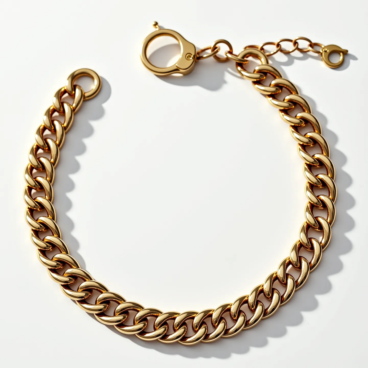 This Cuban link bracelet is crafted from a glossy metal, likely gold-plated or gold-tone, given its rich, yellow hue. The links are tightly interwoven, creating a smooth and fluid chain that exudes sophistication and elegance. It features a secure, round clasp mechanism that not only ensures a snug fit but also adds a touch of modernity to the classic design. The bracelet's closure includes an extender chain with a smaller ring at the end for adjustable length, catering to a range of wrist sizes.