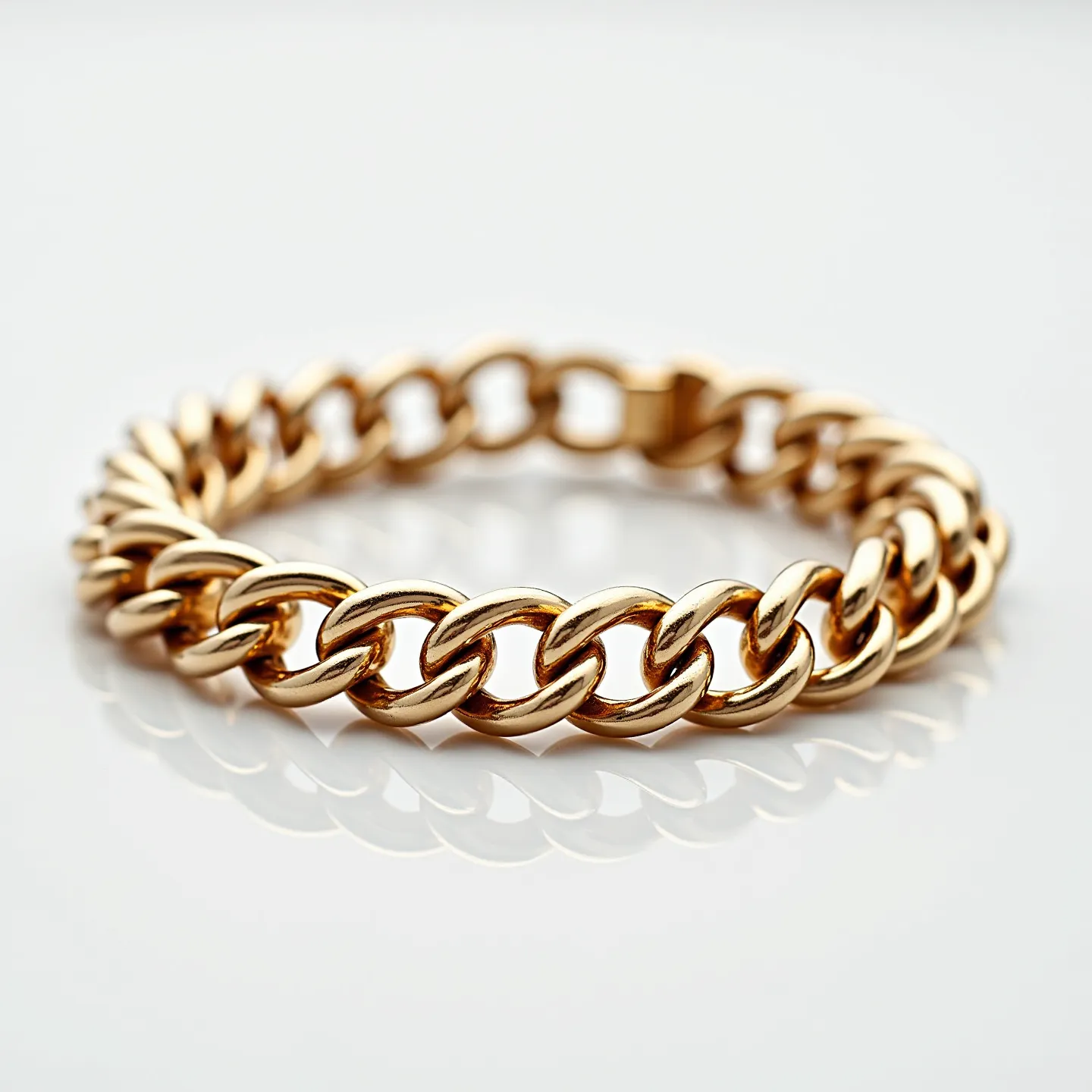 This cuban link bracelet is crafted from a gold-colored material, featuring substantial, interlocking links that give it a bold and polished appearance. The bracelet does not include any gems or stones, focusing on the simplicity and elegance of the metalwork. The links are tightly connected, providing a smooth and continuous flow throughout the piece. It is secured with a sturdy, matching clasp that seamlessly integrates with the design, ensuring both function and aesthetic appeal.