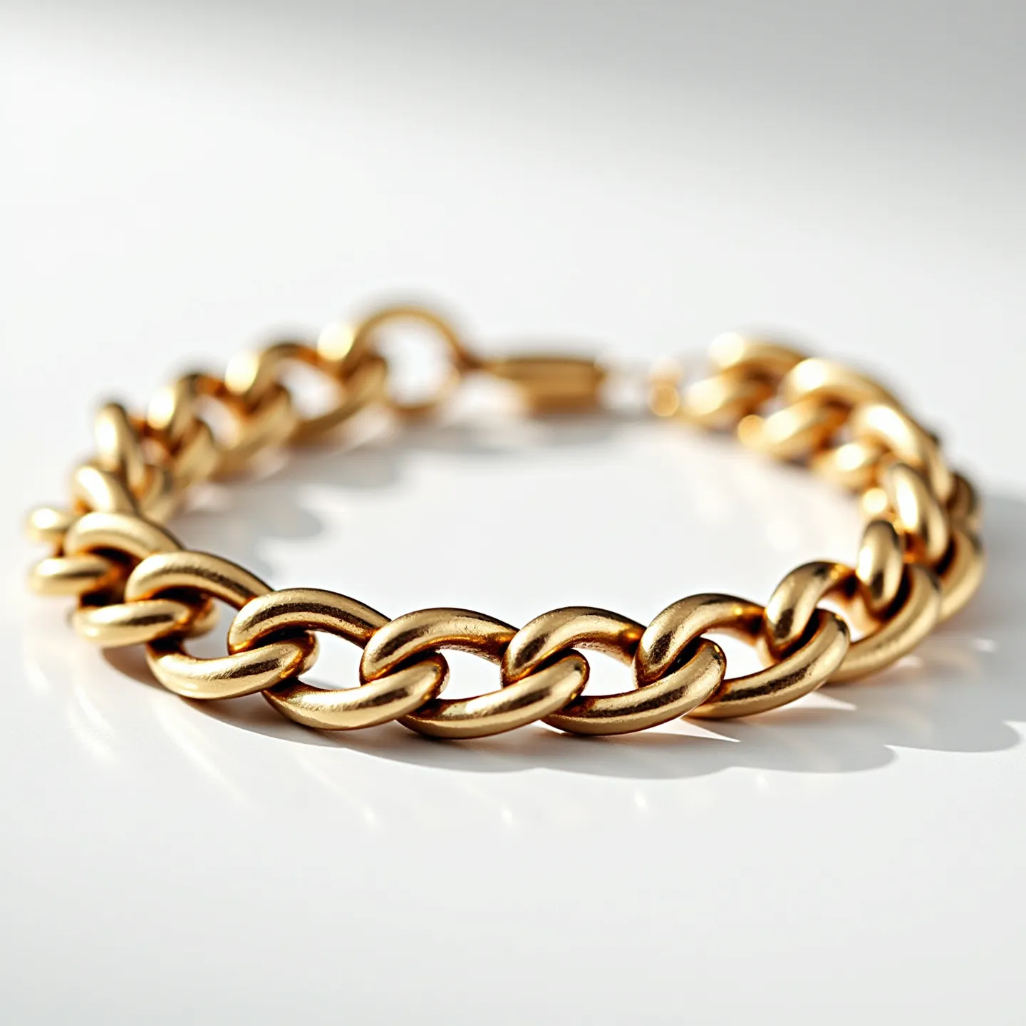 This cuban link bracelet showcases a series of interlocking links, likely made of gold, evident from its lustrous and warm yellow hue. The links are finely crafted, maintaining a consistent size and shape throughout the bracelet, which is characteristic of the cuban link style. It features a secure, elongated clasp that seamlessly integrates with the chain, ensuring both functionality and aesthetic cohesion. No gemstones are present, making the focus purely on the robust and elegant chain design.