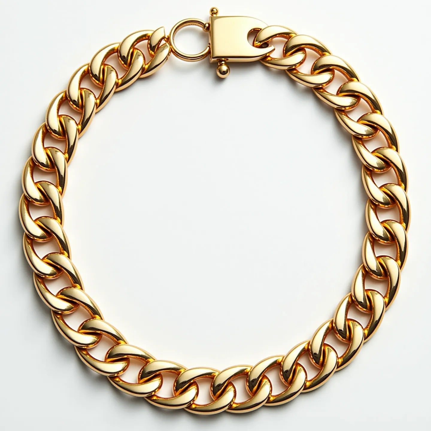 This cuban link bracelet features a bold design composed of large, interlocking oval-shaped links. It is crafted from a gold-colored metal, giving it a rich, luxurious appearance. The bracelet is secured with a sleek, clasp mechanism, ensuring both elegance and functionality. This type of bracelet is often associated with a high degree of craftsmanship and is well-suited for those who seek a statement piece in their jewelry collection.