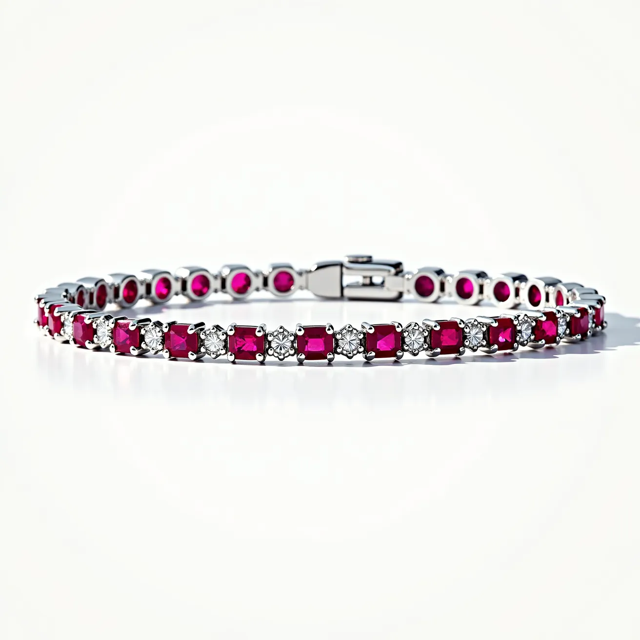 This diamond tennis bracelet features a series of alternating gemstones, predominantly composed of vibrant red, square-cut rubies and round-cut, brilliant white diamonds. Each ruby and diamond is meticulously set in a high-polish metal, likely white gold or platinum, enhancing the vivid contrast between the gems. The bracelet is secured with a box clasp that ensures both security and ease of use, adding a touch of elegance to the piece. Each gem is held in place with precise prong settings, allowing maximum light refraction and brilliance. This combination of materials and thoughtful craftsmanship results in a sophisticated and eye-catching accessory.