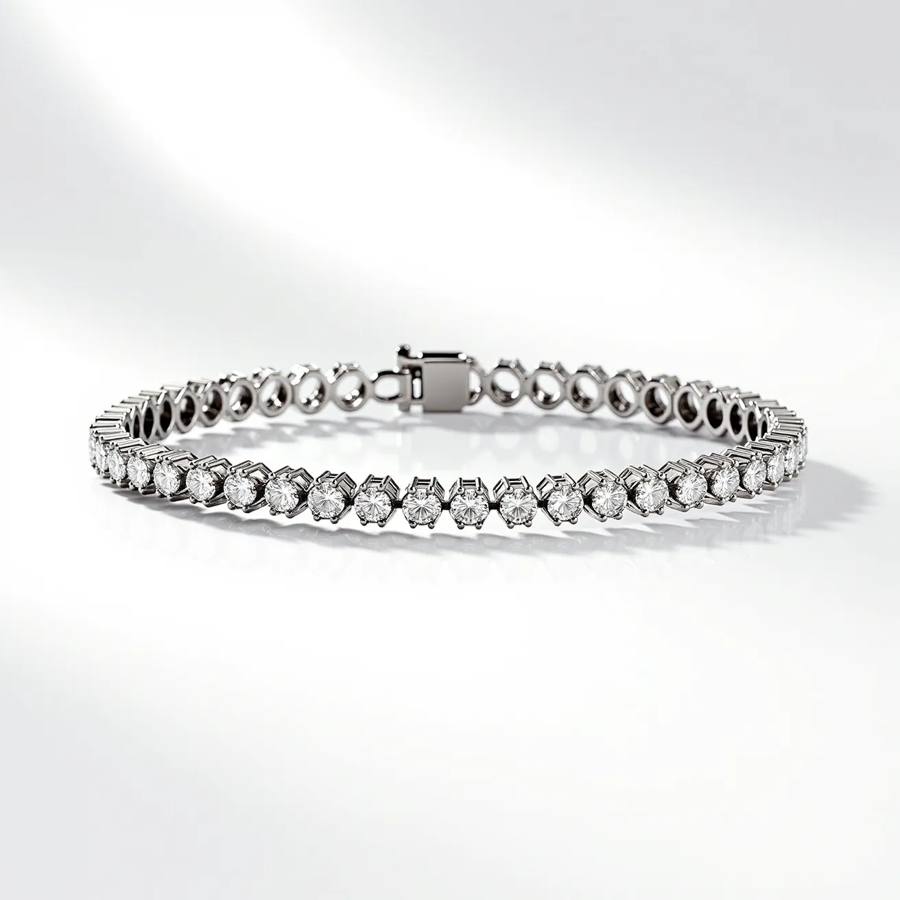 This diamond tennis bracelet showcases a series of round-cut diamonds, each meticulously set in a prong setting that enhances their brilliance. The bracelet is likely crafted from a precious metal, such as white gold or platinum, which adds to its luxurious appeal. The diamonds are arranged in a continuous line, creating a seamless and elegant effect that defines the tennis bracelet's iconic style. For secure wear, the bracelet is equipped with a box clasp that includes an additional safety latch mechanism, ensuring it remains securely fastened.