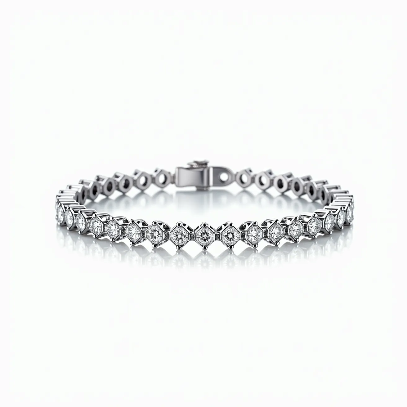 This diamond tennis bracelet features a series of round-cut diamonds set in a symmetrical design along a metal band, likely made of white gold or platinum. Each diamond is securely held in a four-prong setting, ensuring durability and a classic appearance. The bracelet includes a box clasp with a side safety latch, providing both security and ease of wear. The uniform brilliance of the diamonds and the sleek metal setting highlight the elegance and sophistication of this piece of jewelry.