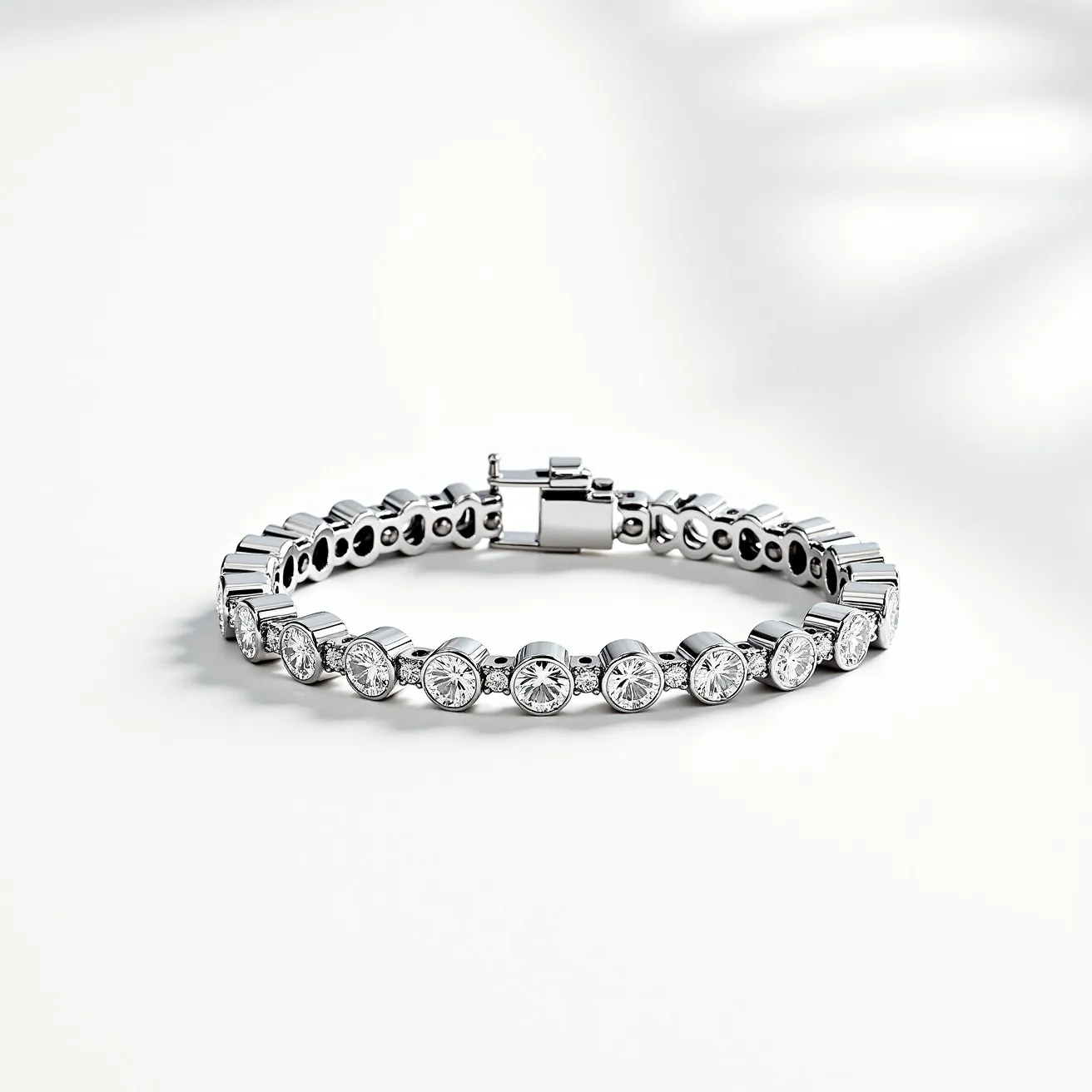 This diamond tennis bracelet features a series of round-cut diamonds intricately set in a continuous line. The diamonds are prominently displayed in bezel settings, allowing each gemstone’s brilliance and clarity to stand out. The bracelet itself is crafted from a sleek metal that complements the brilliance of the stones. It is secured with a box clasp, ensuring both elegance and safety. The design and materials come together to create a timeless and sophisticated piece of jewelry.