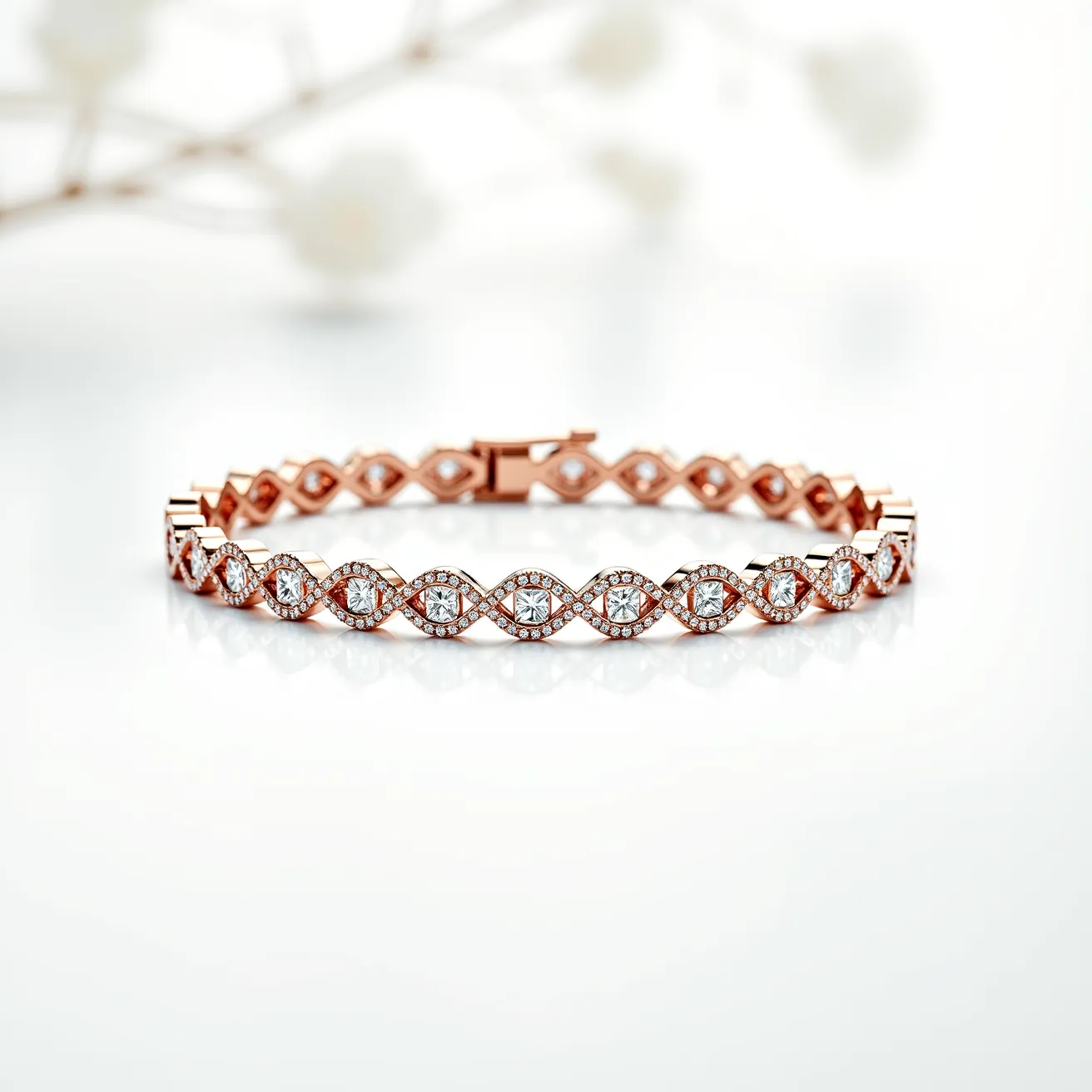 This diamond tennis bracelet features a series of meticulously arranged diamonds set in a luxurious rose gold band. The diamonds are square-cut and set in an elaborate pattern that interlaces the rose gold, creating a continuous, fluid design. Each diamond is securely held in place using a prong setting, maximizing brilliance and ensuring durability. The bracelet is equipped with a secure box clasp, ensuring that it remains fastened comfortably and securely on the wrist.