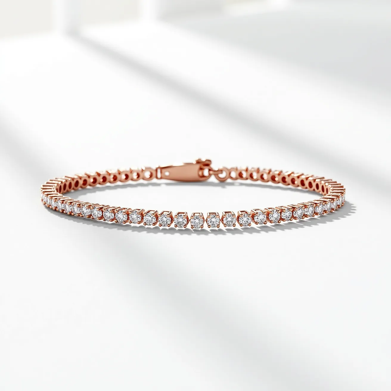 This diamond tennis bracelet features a sleek, rose gold setting that complements the brilliant sparkle of the round-cut diamonds embedded along its length. The diamonds are secured in a classic prong setting, allowing maximum light exposure and enhancing their brilliance. The bracelet is equipped with a secure box clasp with a safety latch, ensuring it remains securely fastened when worn. The elegant and continuous line of diamonds gives this bracelet a timeless and luxurious appeal.