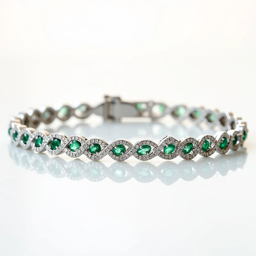 This diamond tennis bracelet features an elegant design crafted from a gleaming metal, likely white gold or platinum. Each segment of the bracelet showcases an oval-cut green gemstone, potentially emeralds, securely held in a prong setting. Surrounding each green gemstone is a halo of small, round-cut diamonds, enhancing the brilliance and adding an extra layer of sparkle. The bracelet is finished with a sturdy, yet refined clasp that ensures both security and elegance when worn. The interlinked segments provide flexibility and comfort, making this bracelet a statement piece perfect for special occasions.