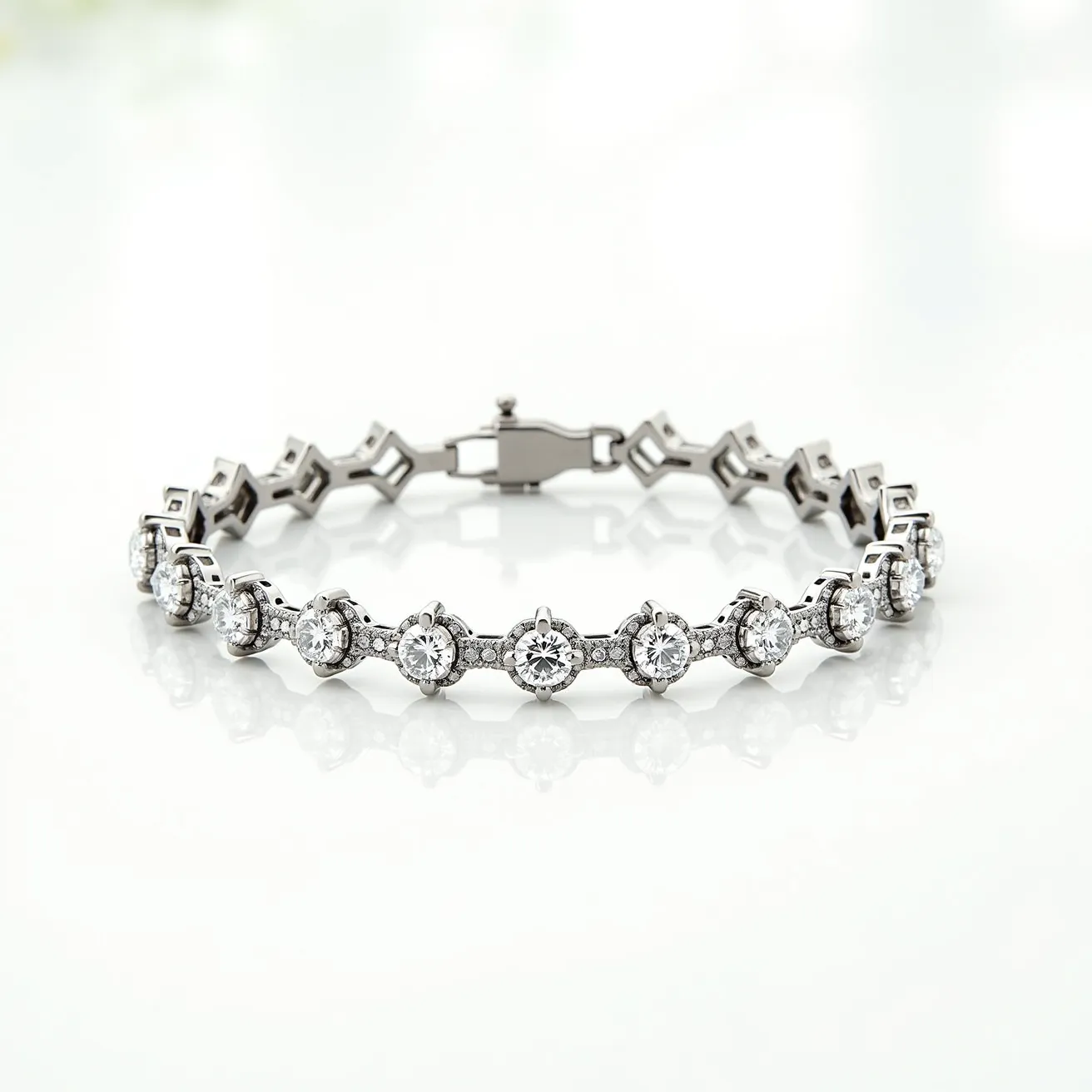 This diamond tennis bracelet showcases an elegant and intricate design, featuring rows of round-cut diamonds, each precisely set in individual prong settings. The diamonds are uniform in size and appear to be high in clarity, contributing to the bracelet's brilliant sparkle. The band is composed of a lustrous metal, likely white gold or platinum, which complements the radiance of the diamonds. The bracelet is secured with a box clasp, reinforced by a safety latch, ensuring both security and style. The craftsmanship is evident in the seamless linking of gemstones, creating a continuous, luxurious line around the wrist.