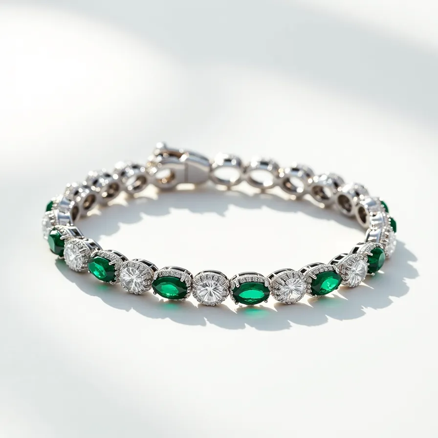 This diamond tennis bracelet features a polished metal band, likely white gold or platinum, adorned with alternating round-cut diamonds and oval-cut emeralds. The diamonds are mounted in a prong setting, allowing maximum light to reflect off their facets. The emeralds add a vibrant touch to the design, each held securely in a similar prong setting. The bracelet is fastened with a box clasp mechanism, ensuring a secure and seamless closure.