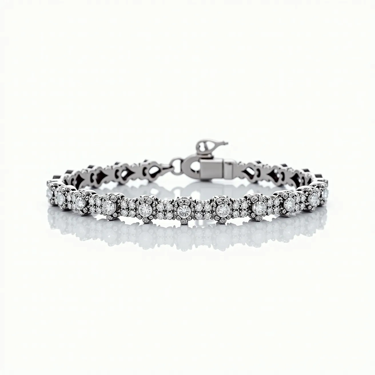 This diamond tennis bracelet features a series of round-cut diamonds meticulously set in a continuous, symmetrical pattern. Each diamond is securely nestled in a classic prong setting, enhancing the brilliance and elegance of the stones. The bracelet is crafted from a lustrous metal, which appears to be white gold or platinum, providing a sleek and polished finish that complements the diamonds’ sparkle. The bracelet is equipped with a secure clasp, ensuring a snug fit and easy wearability. The overall design is sophisticated and timeless, making it a versatile piece for various occasions.