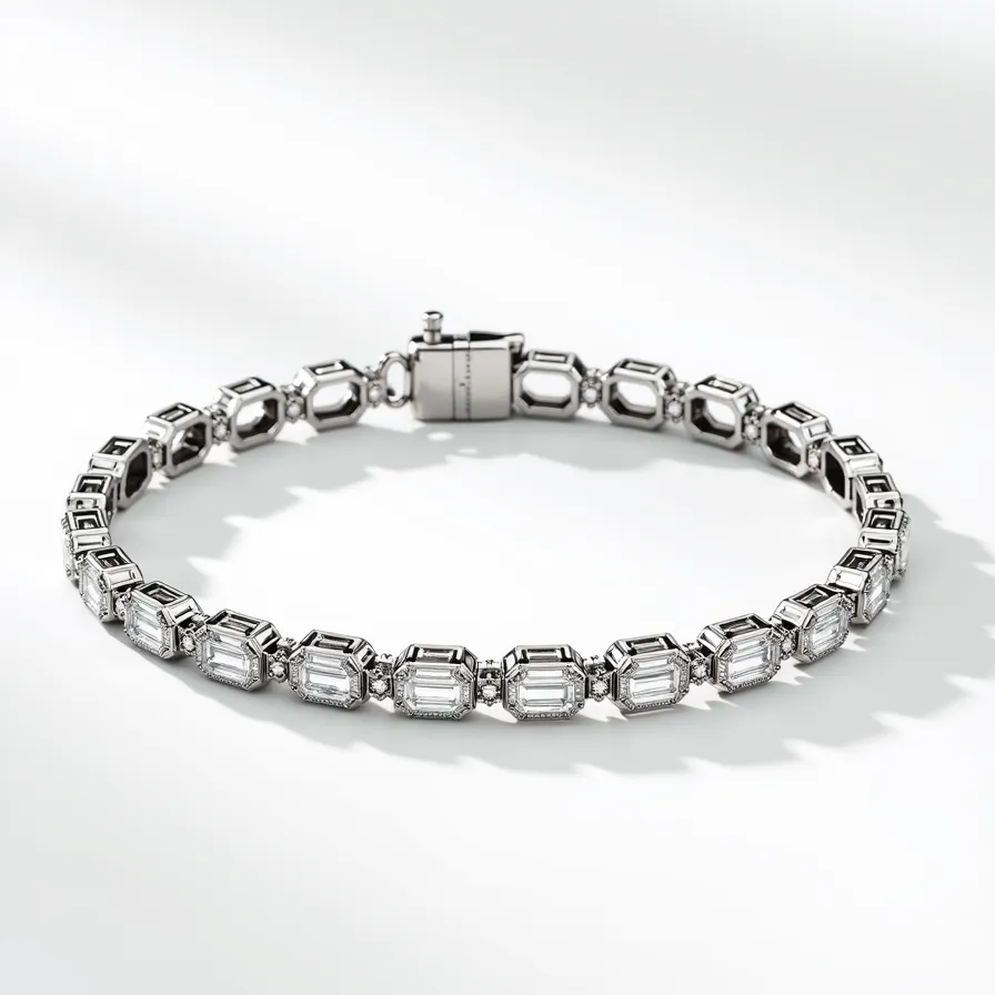 This diamond tennis bracelet features a series of emerald-cut diamonds, each meticulously set in individual prong settings that accentuate their shape and brilliance. The diamonds are securely mounted in a polished metal framework that appears to be white gold or platinum. The bracelet is held together with a box clasp with a safety latch, ensuring both elegance and security when worn. The geometric design and seamless alignment of the diamonds create a stunning visual effect, making this bracelet a timeless and sophisticated piece of jewelry.