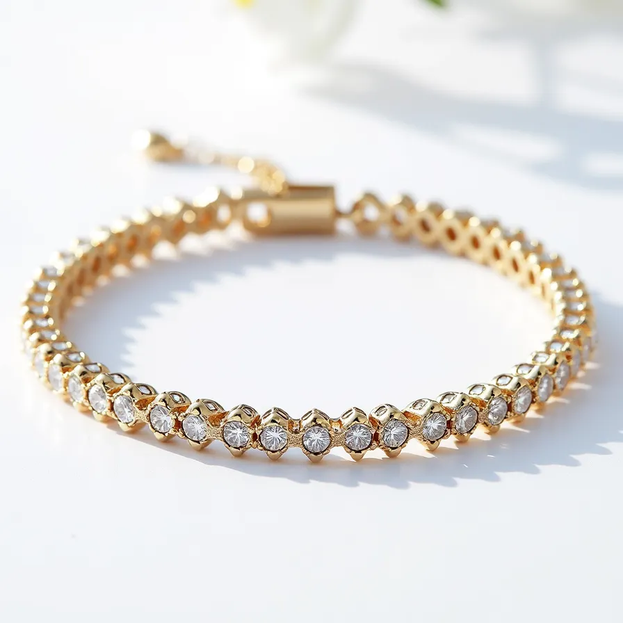 This diamond tennis bracelet features a continuous line of round-cut diamonds, each individually set in a gold bezel setting. The gold metal enhances the brilliance of the diamonds, creating a luxurious and elegant appearance. The bracelet is secured with a gold clasp that complements the overall design, ensuring both security and style for the wearer.