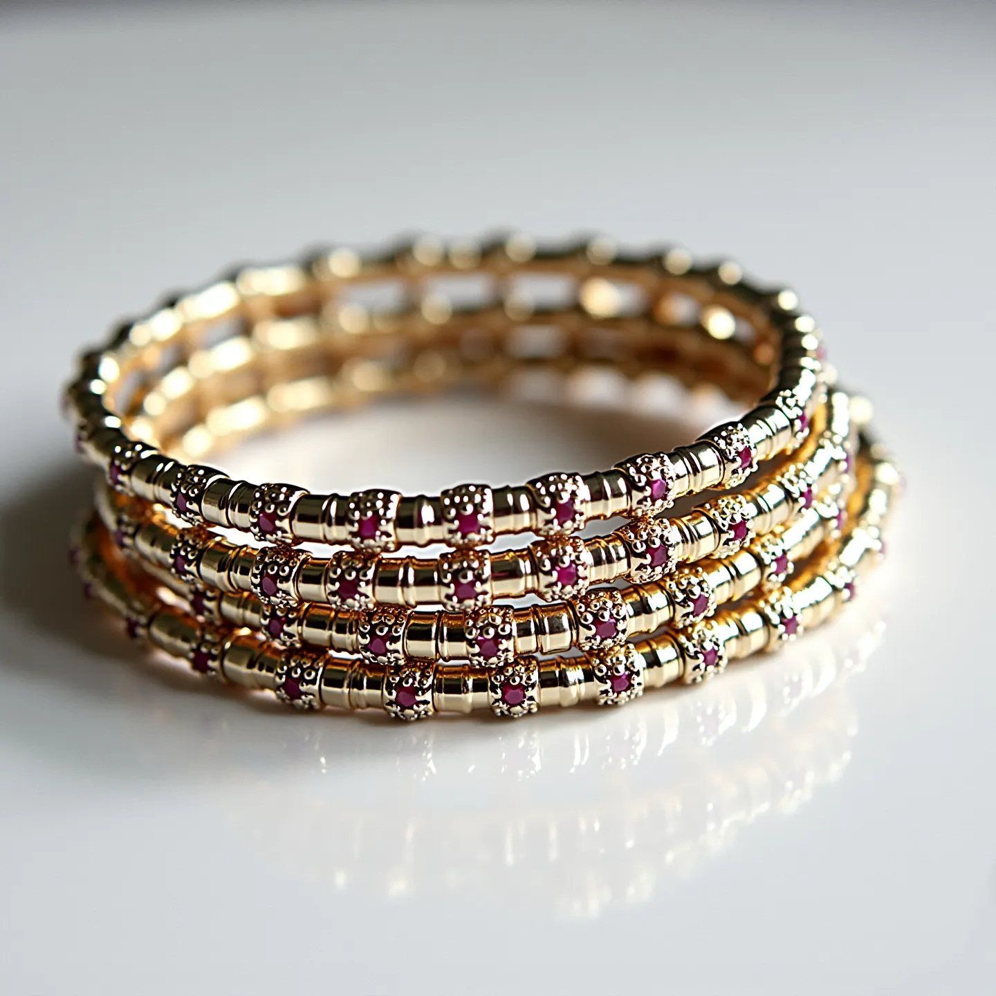 This gold beaded bracelet features an intricate arrangement of cylindrical and spherical gold beads adorned with small purple gemstones. The gold beads exhibit a polished finish that enhances the bracelet's luxurious appeal, while the gemstones are set in a way that emphasizes their vibrant color. The gemstones appear to be round-cut, flush within the gold setting which provides a secure and smooth surface. The bracelet design suggests a flexible, slip-on style without a visible clasp, ensuring both elegance and ease of wear.