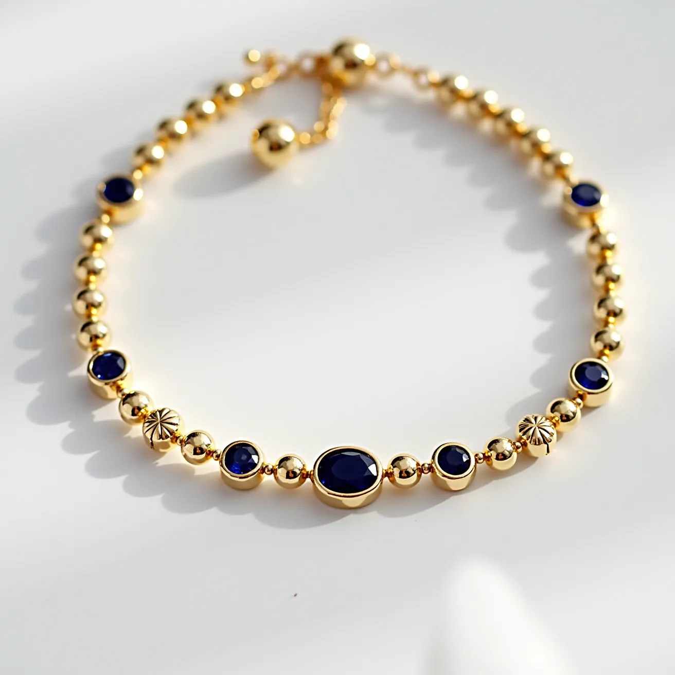 This gold beaded bracelet is crafted with a series of round gold beads uniformly spaced throughout its length. Interspersed among these beads are several navy blue gemstones, which appear to be set into the bracelet in bezel settings. The gemstones are varying in shape, including both round and oval cuts, adding a touch of elegance and variety to the design. The bracelet features a gold ball clasp with an adjustable chain, allowing for secure and comfortable wear. Overall, the combination of gold beads and blue gemstones creates a striking and luxurious accessory.