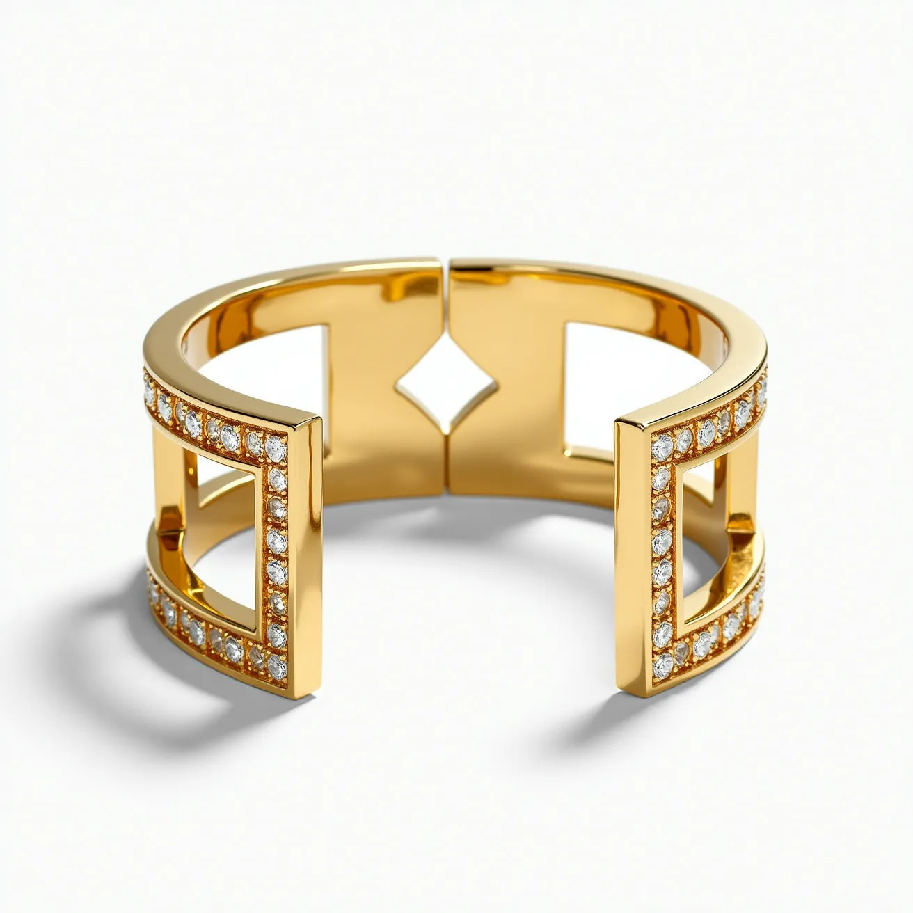 This gold cuff bracelet features a sleek, open-ended design crafted from a polished gold material. It is adorned with several rows of round, brilliant-cut diamonds that are meticulously set into the structure, enhancing its luxurious appearance. The bracelet showcases an artful geometric pattern with open spaces that add a modern touch to its overall aesthetic. The closure mechanism includes an interlocking design that secures the cuff around the wrist seamlessly. This sophisticated piece is a perfect blend of elegance and contemporary style, making it a striking accessory for any occasion.