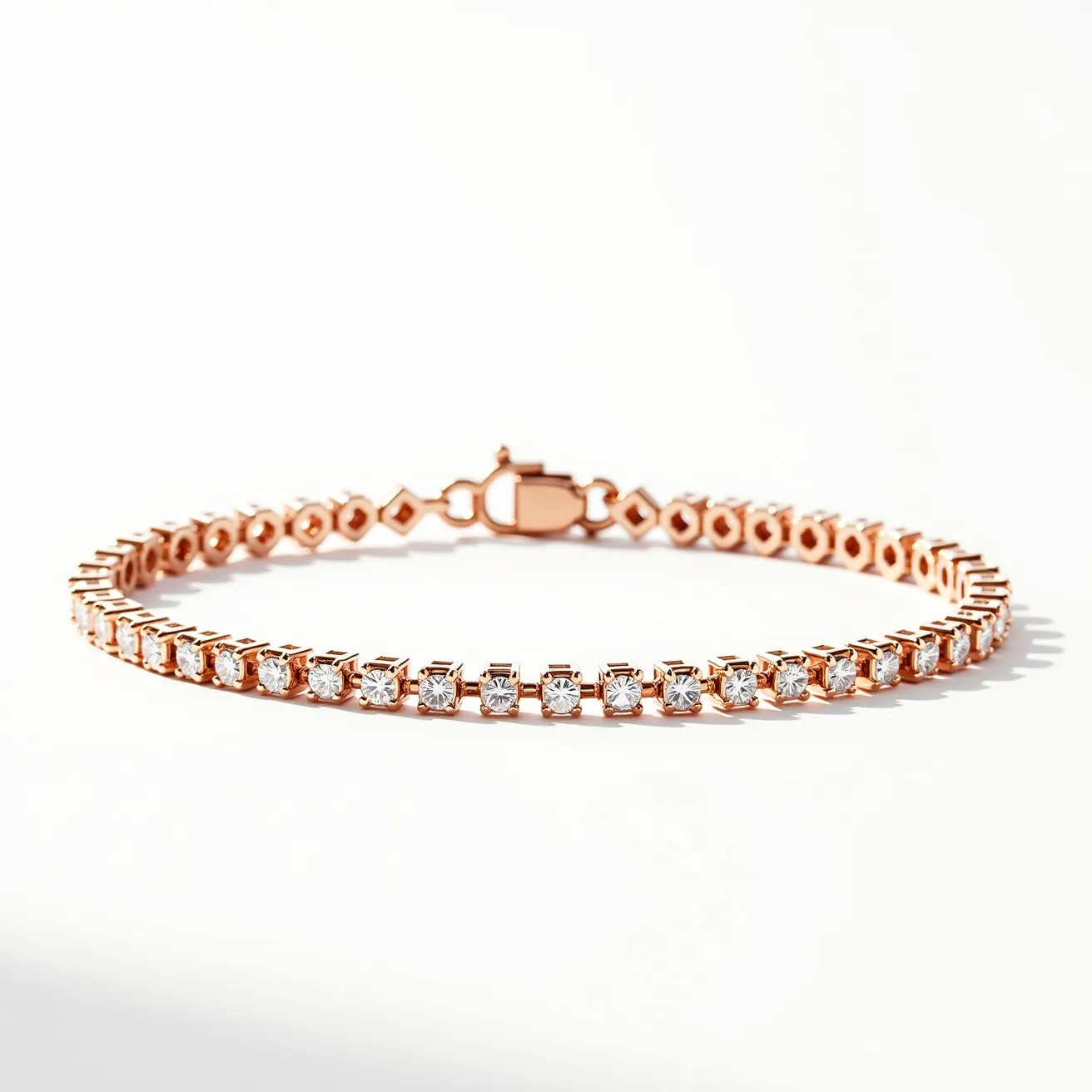 This gold tennis bracelet features a series of round-cut gemstones, likely diamonds, all set in a prong setting, which allows for maximum visibility and sparkle. The bracelet is crafted from a warm gold-colored metal, possibly rose gold, and its design showcases a continuous line of equally sized stones. It is secured with a box clasp, known for its reliability, and includes a safety latch for added security. The meticulous arrangement of the gemstones creates an elegant and timeless appearance, making it a sophisticated accessory.