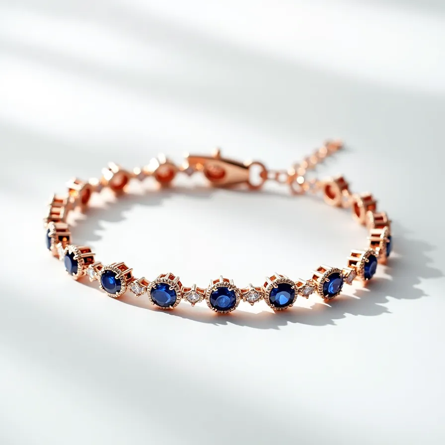 This gold tennis bracelet features a series of striking blue gemstones, likely sapphires, each meticulously cut in a round shape. The gems are set in a classic prong setting, allowing maximum exposure to light, which enhances their brilliance. Interspersed between the blue gems are smaller, clear stones, which appear to be diamonds, adding contrast and extra sparkle to the design. The bracelet is fastened with a secure lobster clasp, which ensures it stays comfortably in place on the wrist. 

