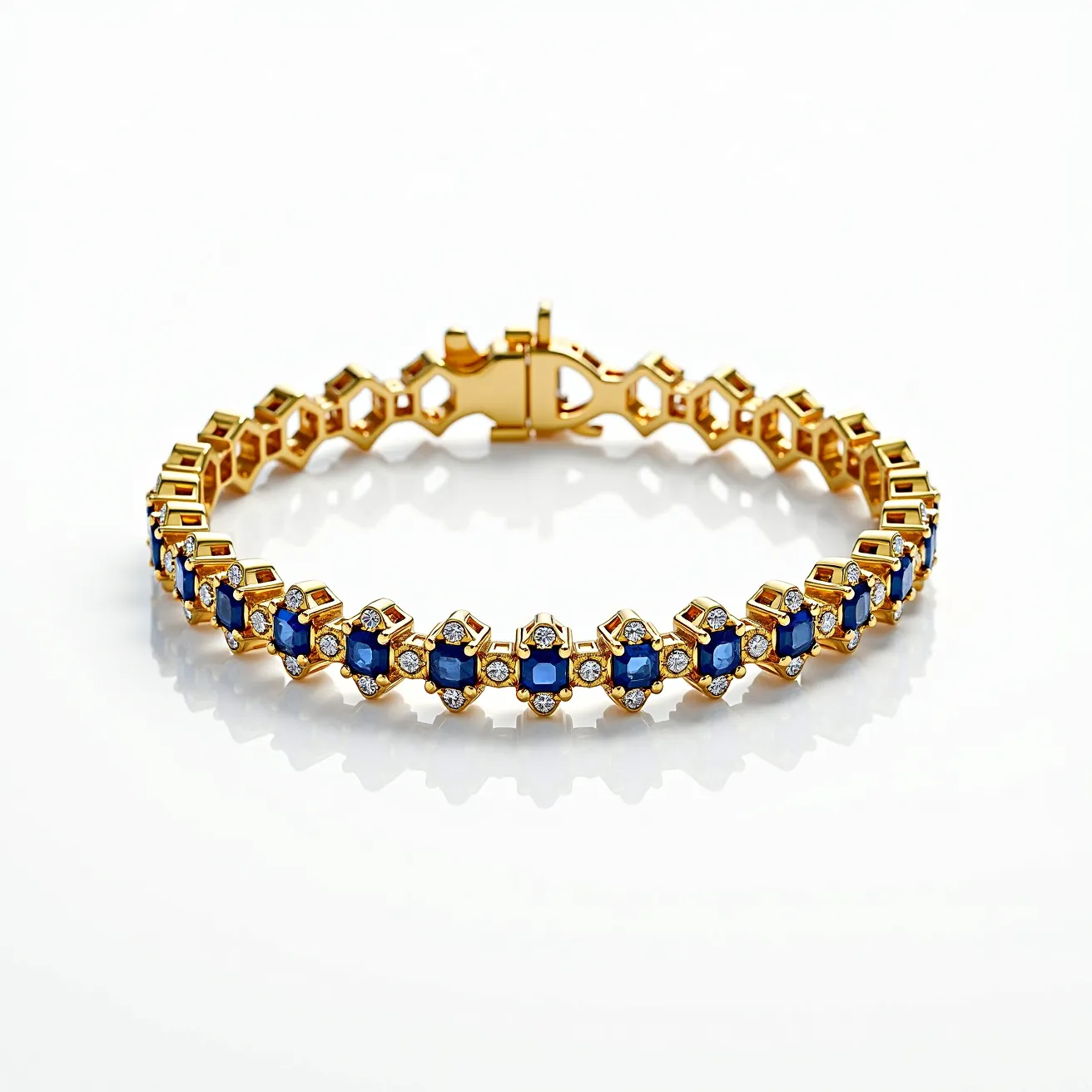 This gold tennis bracelet features a series of vibrant blue gemstones, most likely sapphires, each set in a secure prong setting. Each central sapphire is accented by smaller, clear, round-cut diamonds meticulously arranged around them, enhancing the overall brilliance of the piece. The bracelet's design includes interlinked gold segments, providing flexibility and a continuous aesthetic appeal. A box clasp with a figure-eight safety latch ensures secure wear, combining functionality with elegance. The craftsmanship highlights the combination of luxurious materials and intricate design, making it a standout ornamental piece.