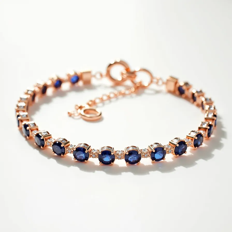 This gold tennis bracelet features a series of deep blue round-cut gemstones, likely sapphires, set in a classic prong setting. Each blue gemstone is interspersed with smaller, round white stones that add a touch of brilliance, possibly diamonds. The bracelet is crafted from a polished gold material, enhancing the luxe appeal of the piece. It includes a secure clasp complemented by an adjustable chain, ensuring a perfect fit for the wearer and additional assurance of secure wear.