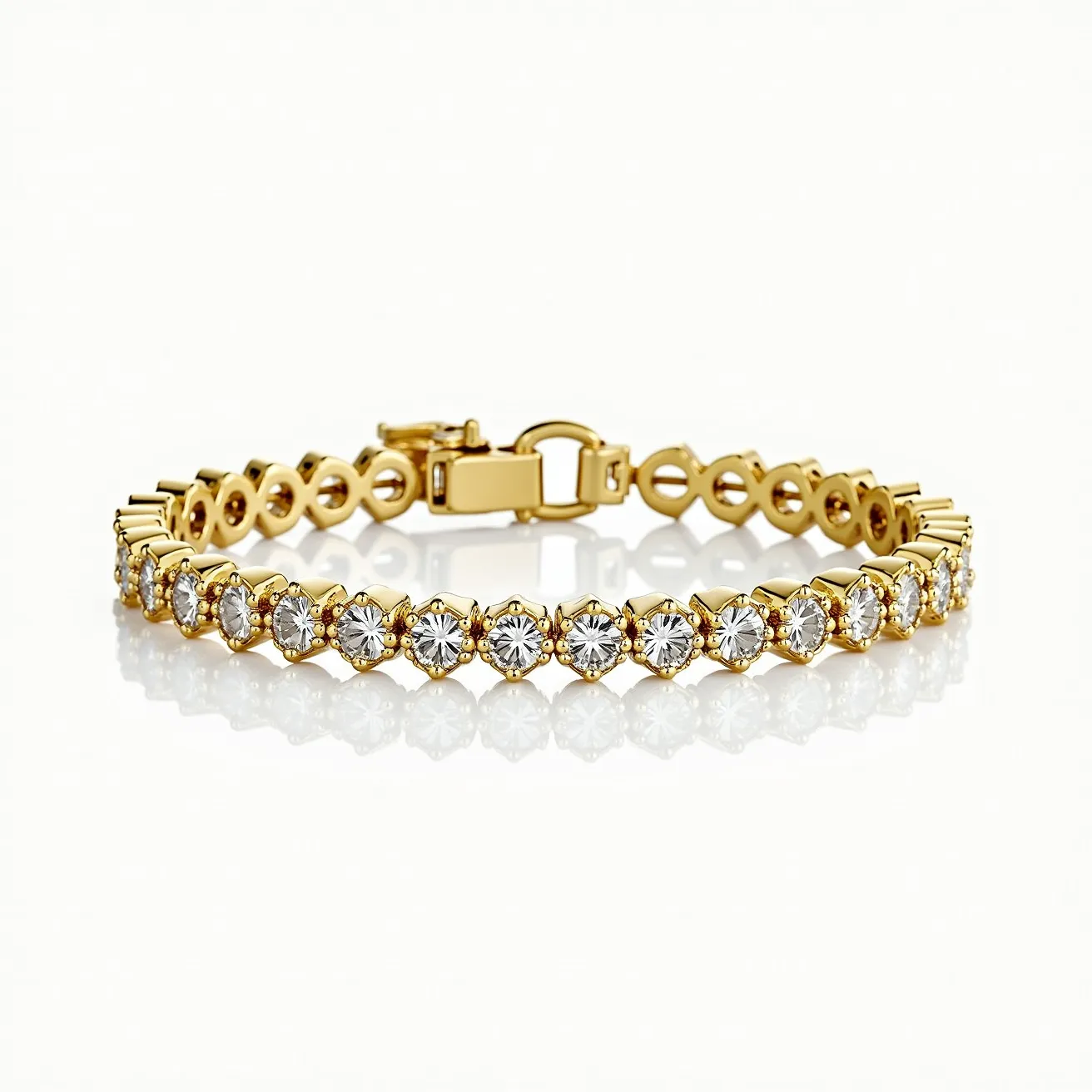 This gold tennis bracelet features a series of round-cut gemstones, likely diamonds, each securely held in a prong setting that allows maximum light reflection and brilliance. The uniform arrangement of the stones creates a continuous line of sparkle, enhancing the bracelet's elegant design. The piece is crafted from gold, showcasing its luxurious and timeless appeal. The bracelet is equipped with a box clasp and a safety latch for secure fastening, ensuring that it remains comfortably and safely in place when worn.