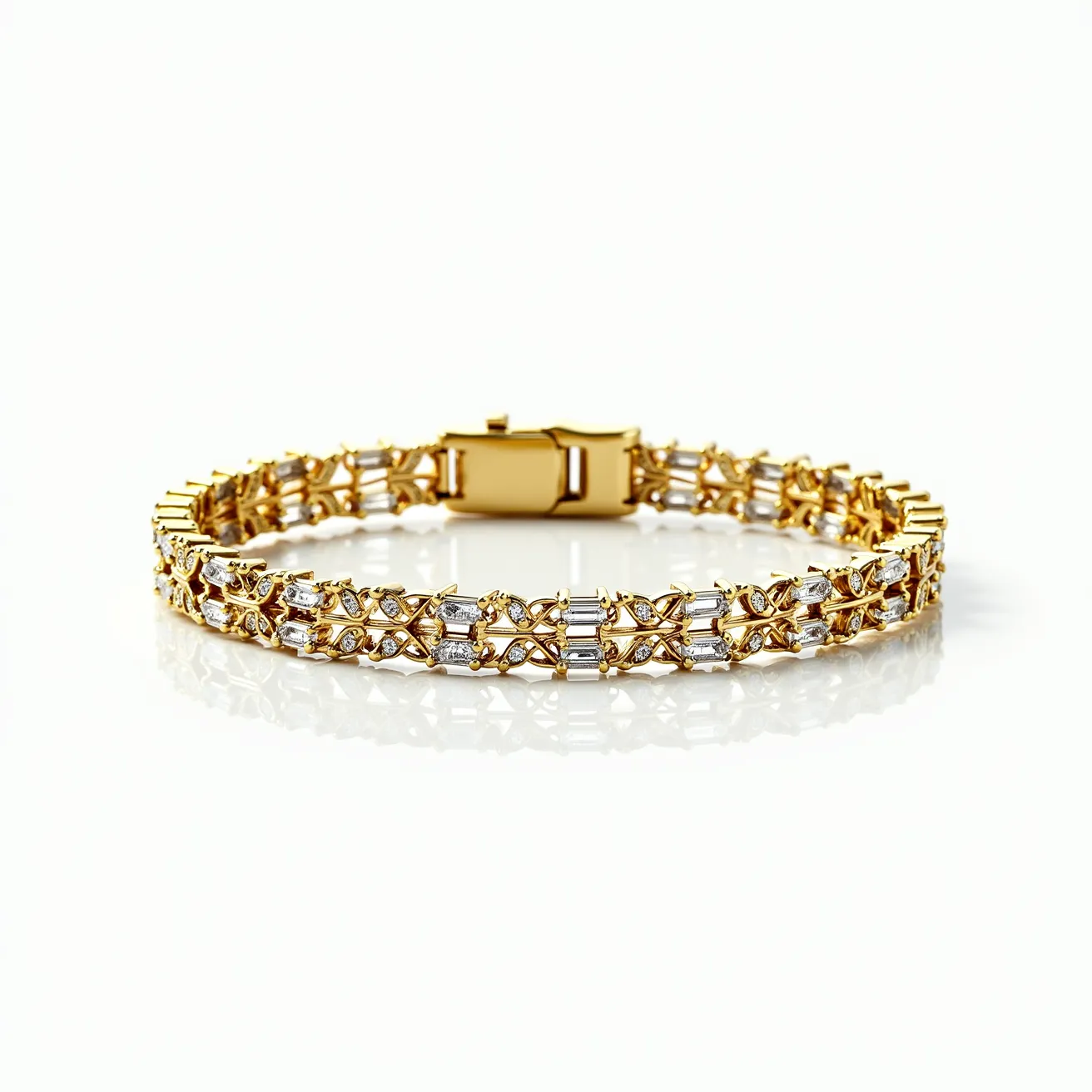 This gold tennis bracelet features an intricate design comprising yellow gold links adorned with sparkling diamonds. The diamonds are cut in both round and baguette shapes and are set in alternating patterns along the bracelet, enhancing its luxurious appeal. The stones are securely held in place with prong settings that ensure each gem is prominently displayed. The bracelet is fastened with a box clasp that provides a secure and seamless closure, blending harmoniously with the overall design for a refined finish.