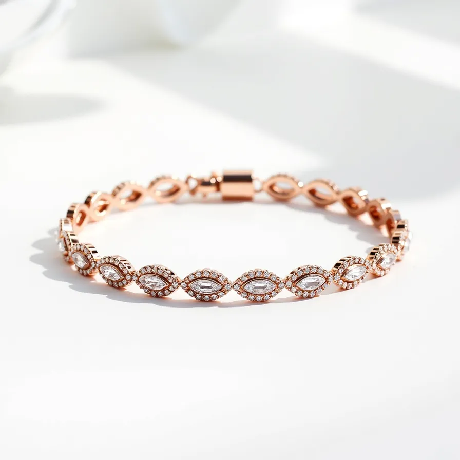 This gold tennis bracelet features an elegant and intricate design crafted from a polished gold material. It is adorned with marquise-cut gemstones, each set into navette-shaped settings that are accented with small, round-cut stones, creating a halo effect around the main gems. The arrangement of these settings forms a continuous pattern along the length of the bracelet, enhancing its luxurious appearance. The bracelet is secured with a clasp designed to seamlessly blend in with the overall aesthetic, ensuring both beauty and functionality.