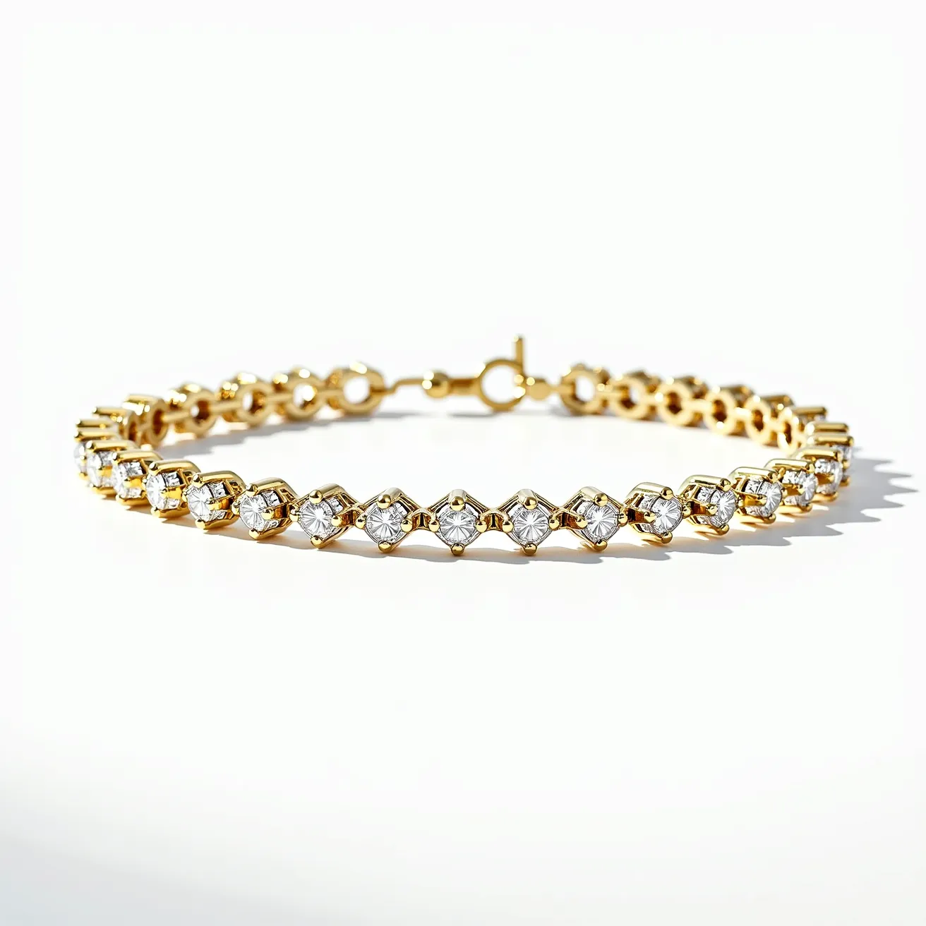 This gold tennis bracelet features a series of prong-set round-cut diamonds meticulously aligned along its length. The bracelet's base is crafted from a lustrous gold material, which contrasts elegantly with the sparkling white diamonds. Each diamond is securely held in a four-prong setting, ensuring maximum visibility and brilliance. The piece is secured with a sturdy clasp mechanism, designed to provide both security and ease of wear, while seamlessly integrating with the bracelet's overall aesthetic. The symmetrical design and high-quality materials used in this bracelet make it a timeless and sophisticated piece of jewelry.